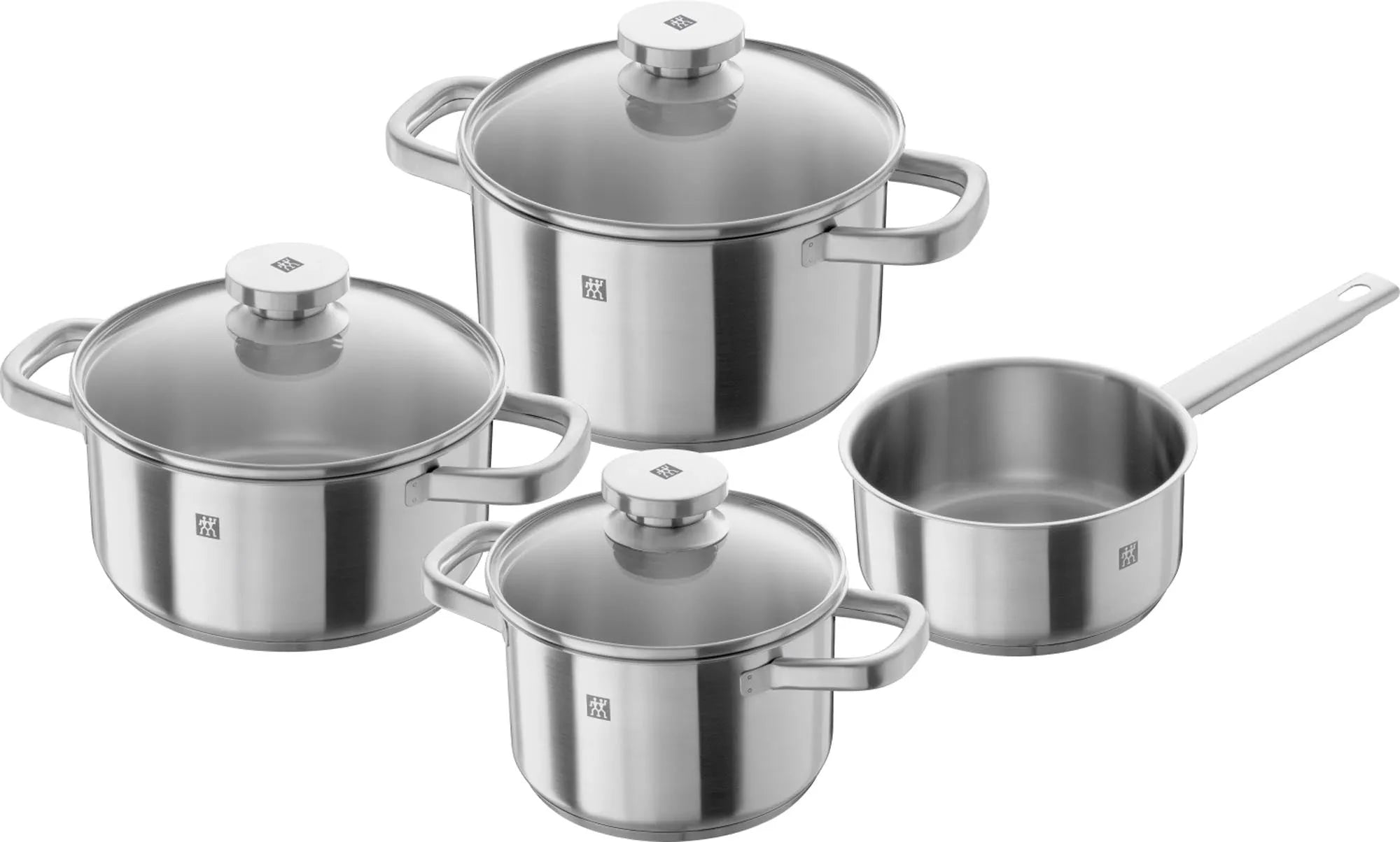 Elegantes 4-teiliges Zwilling Joy Kochgeschirr-Set aus 18/10 Edelstahl, ideal für alle Herdarten inkl. Induktion.
