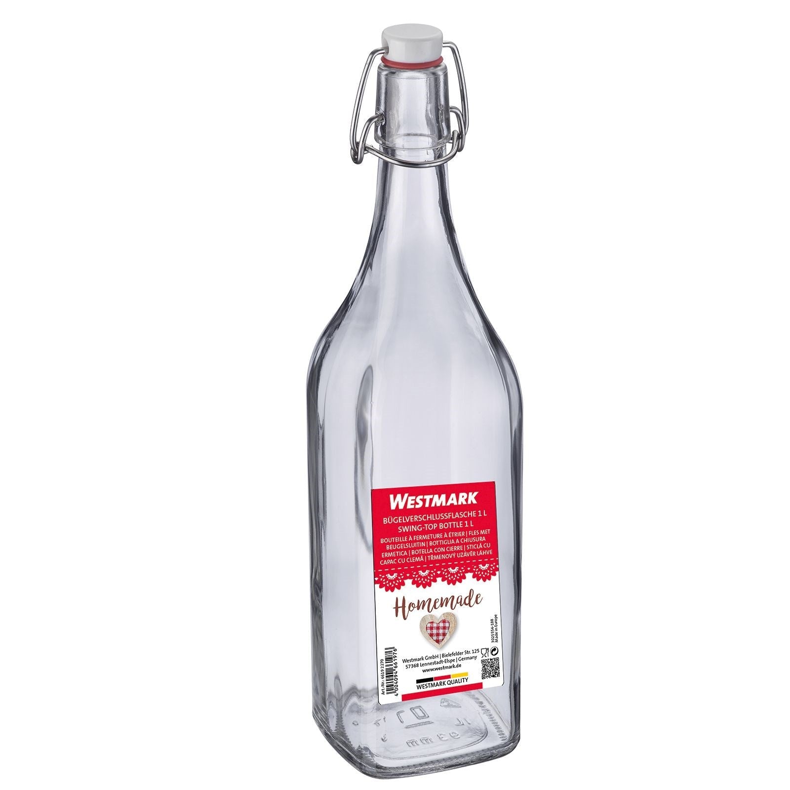 Stilvolle 1l Bügelverschlussflasche von Westmark, perfekt für Getränkeaufbewahrung und Dekor, mit praktischem Anhänger.