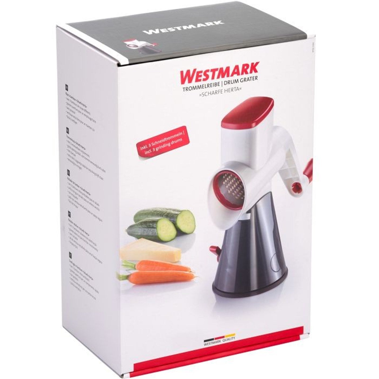 Praktische Trommelreibe von Westmark mit 3 Trommeln, ideal für Käse, Gemüse und Nüsse. Maße: 26.5x13x28.5 cm, langlebig und effizient.