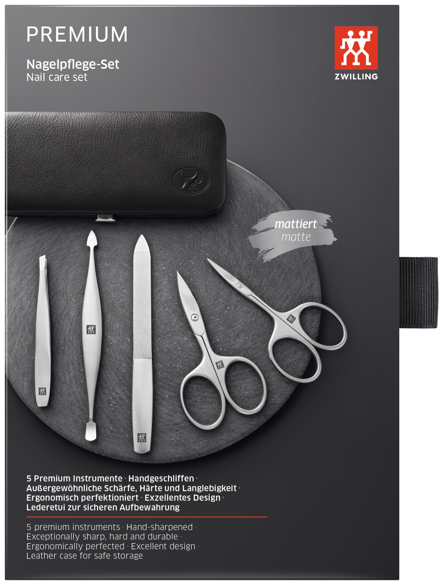 Elegantes 5-teiliges Etui aus schwarzem Yakleder von Zwilling.