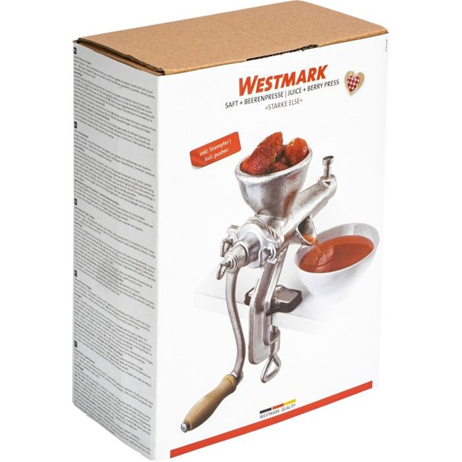 Effiziente Saft- und Beerenpresse Starke Else von Westmark, kompakt und robust, perfekt für frische Säfte, Maße: 29x10.5x43cm.