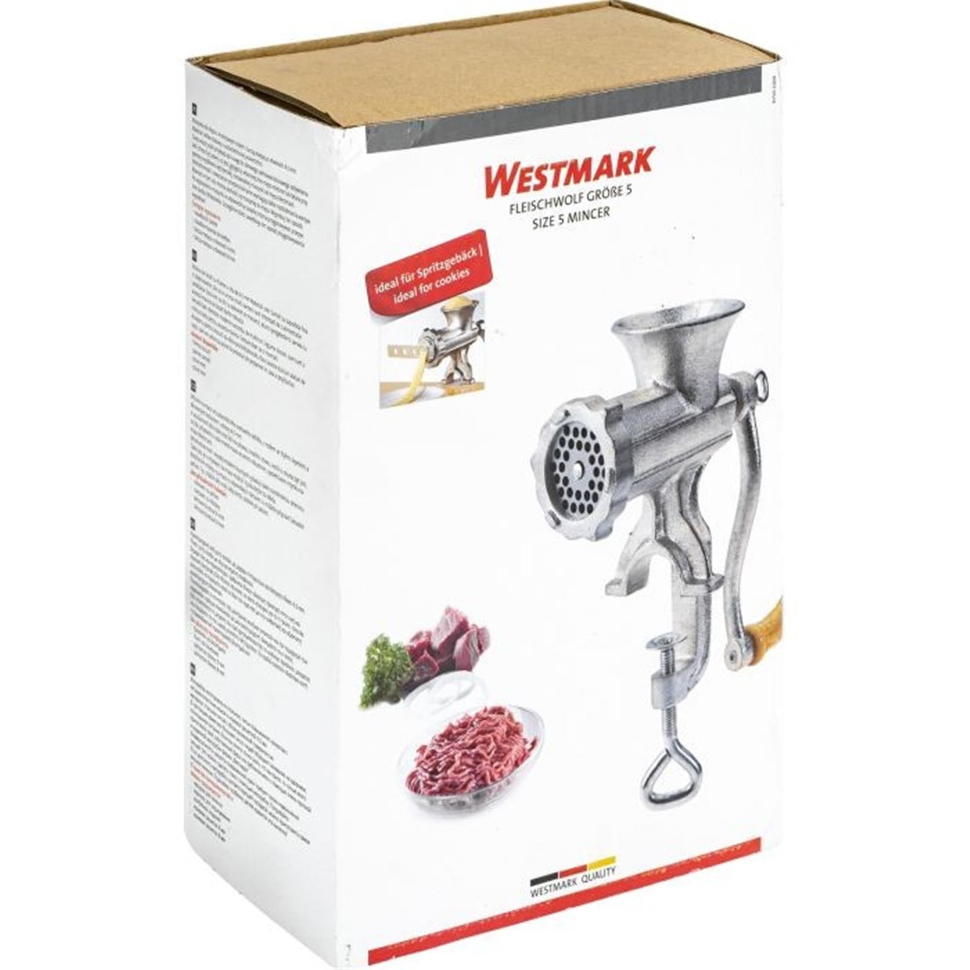 Kompakter Fleischwolf von Westmark, Größe 5, ideal für frisches Hackfleisch, Maße: 22,5x9x24 cm, robust und einfach zu bedienen.
