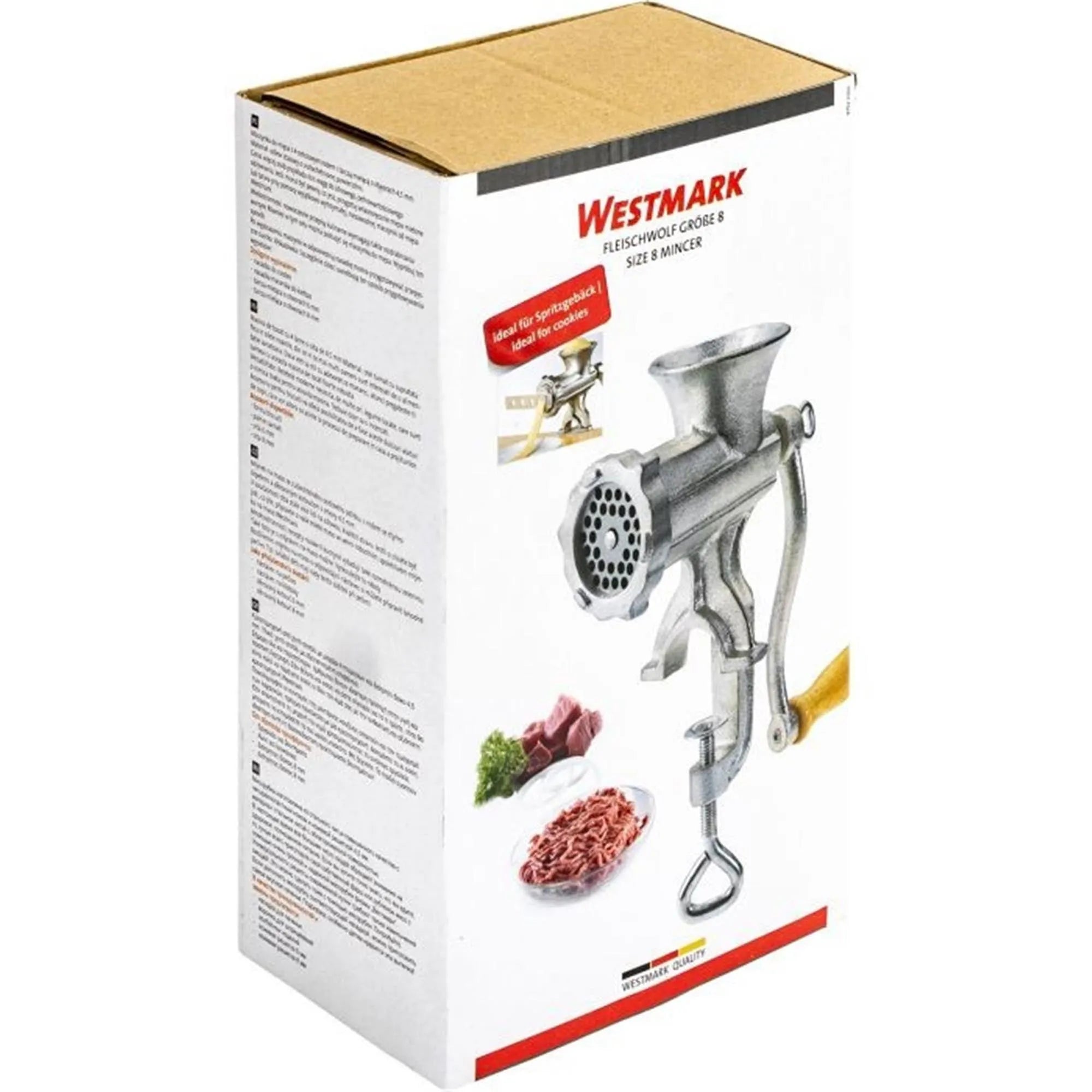 Hochwertiger Fleischwolf Größe 8 von Westmark, ideal für frisches Hackfleisch, Maße: 26.5x9.8x25cm, robust und langlebig.