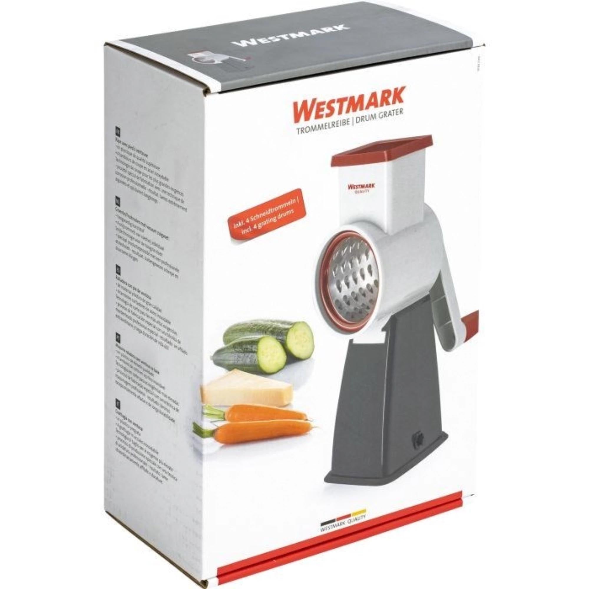 Westmark Reibmaschine mit 4 Trommeln, ideal für Käse und Gemüse. Kompakte Maße: 20x11x27,5 cm. Praktisch und vielseitig einsetzbar.