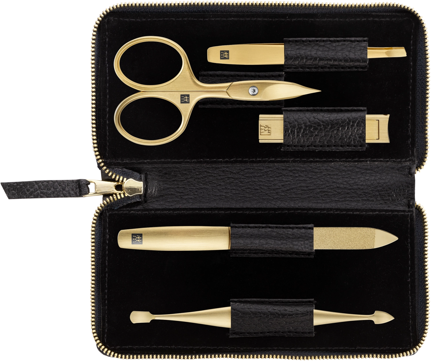 Elegantes, kompaktes Etui mit 5 Edelstahl-Instrumenten. Ideal für Reisen. Stilvolles Design in Schwarz/Gold.