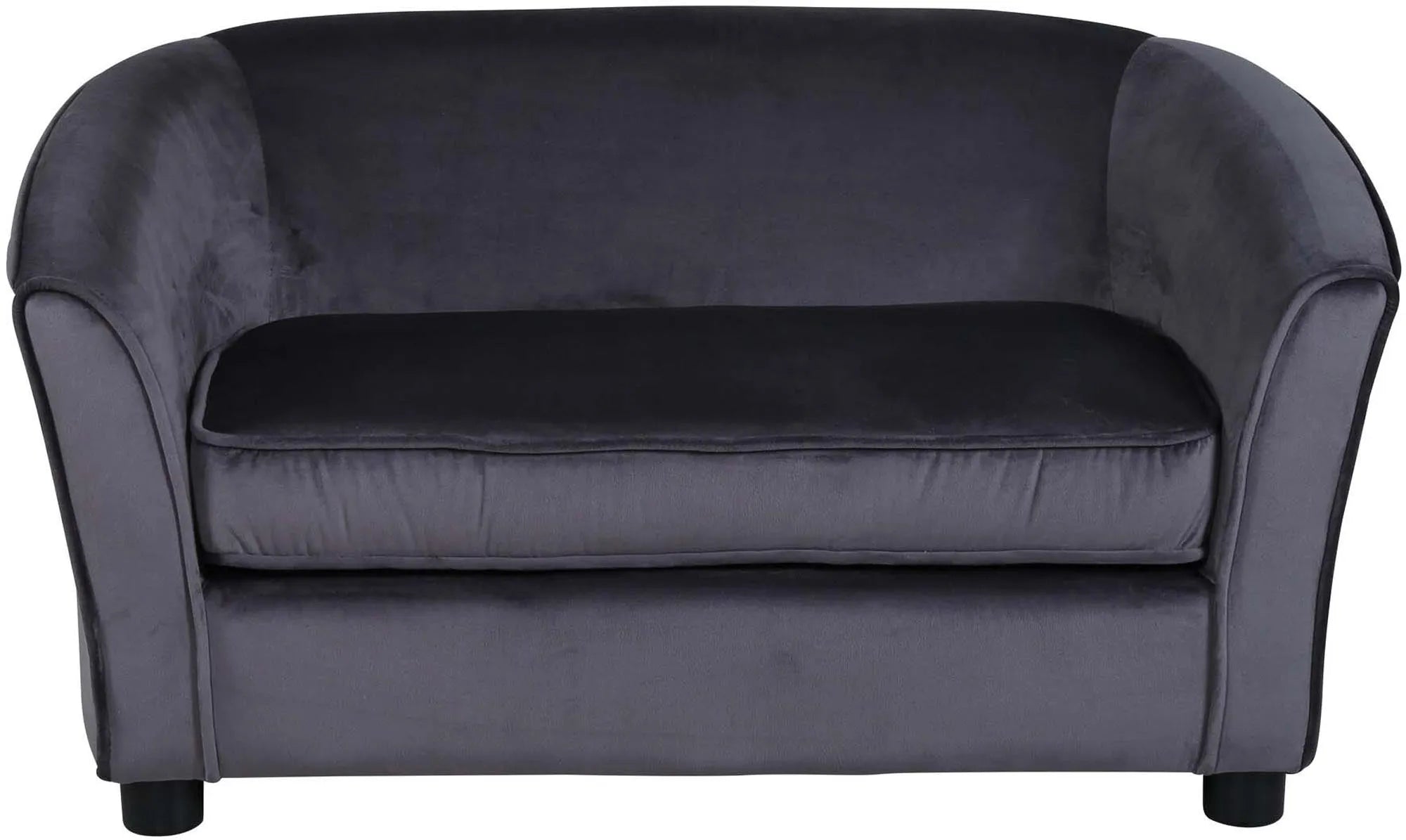 Das Måna Kindersofa von Venture Home: stilvoller Komfort im Kinderzimmer, mit dunkelgrauem Samt und stabilen schwarzen Beinen.
