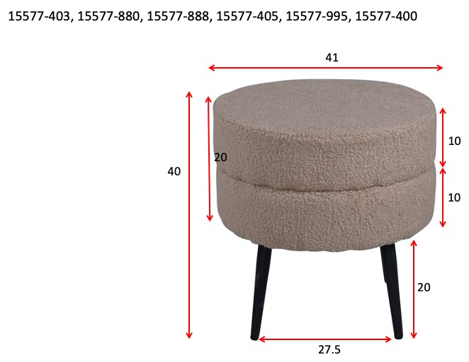 Runder Pouf Pot in Grau mit Teddystoff-Bezug, Durchmesser 40 cm, auf schwarzen, leicht ausgestellten Stahlbeinen stehend.