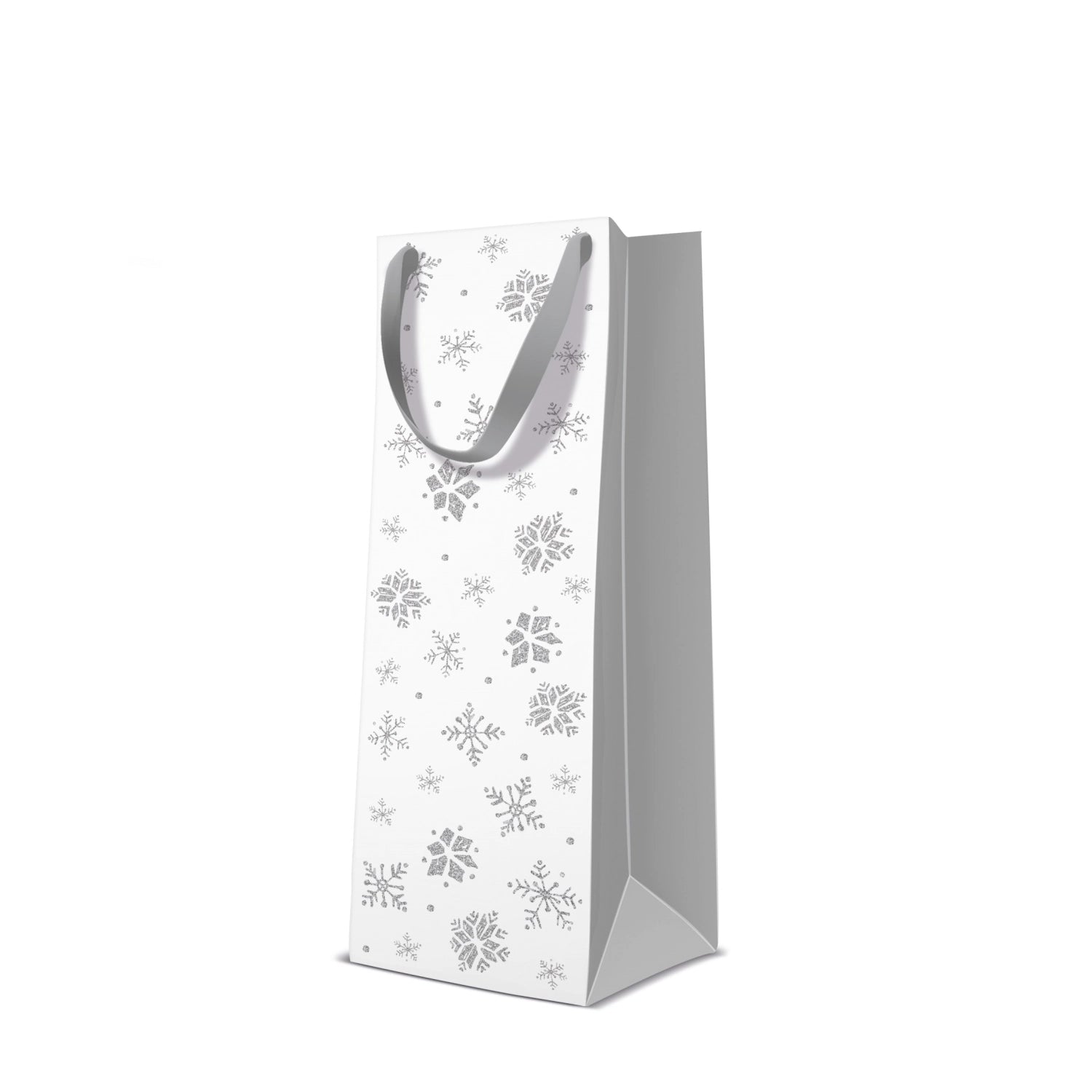 Geschenktüte f. Flasche Schneeflocken/silber 12x10x37cm - KAQTU Design