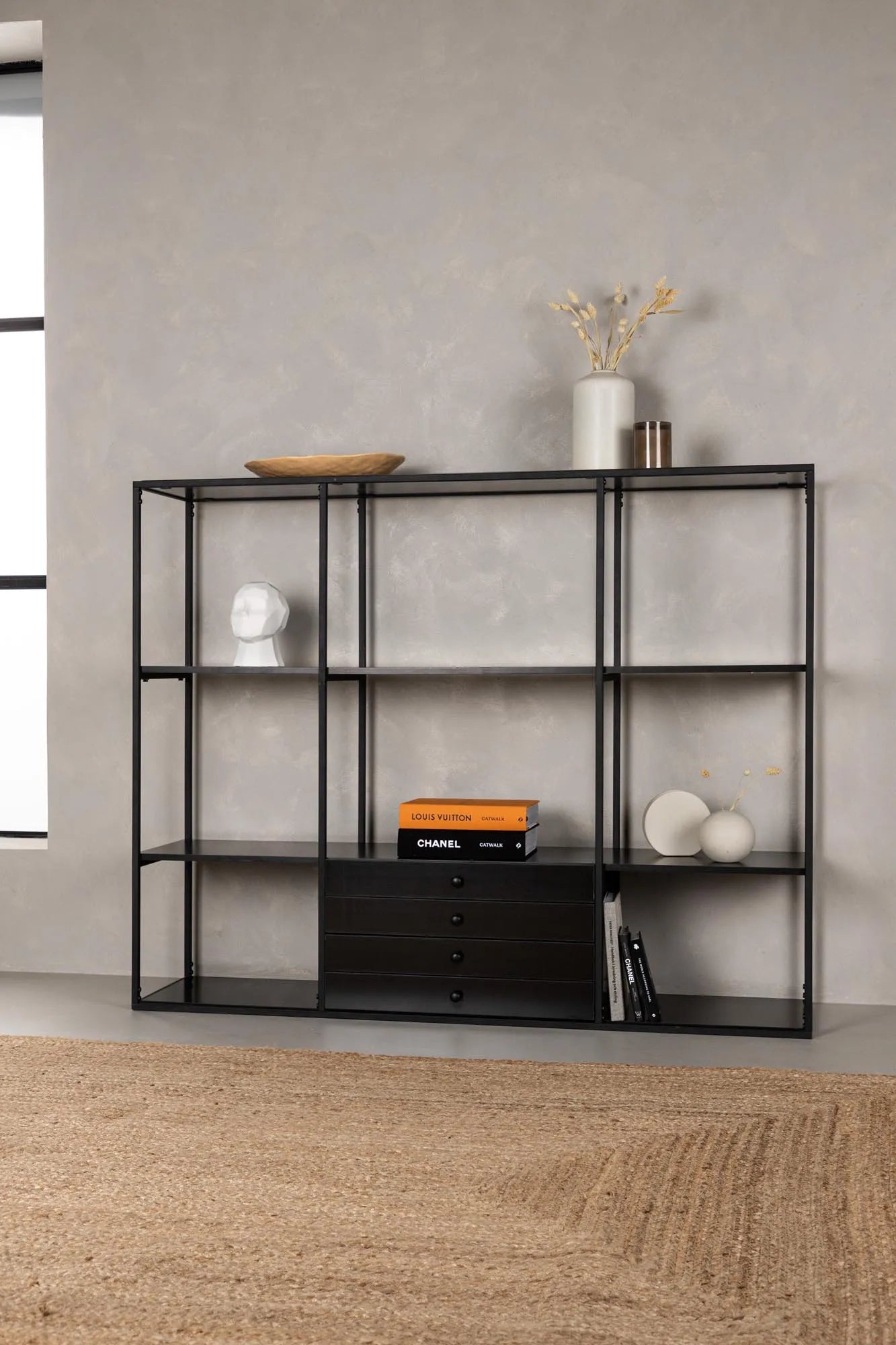 Amaraillo Schrank: Skandinavisches Design, MDF & Stahl, schwarz, 150x35x120cm, versteckte & sichtbare Aufbewahrung.