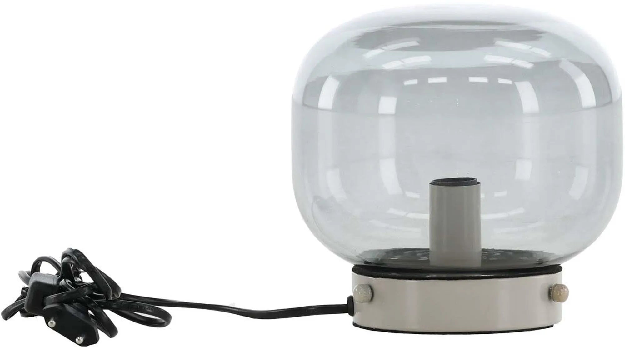 Die Bolloneli Tischleuchte von Venture Home vereint modernes Design mit Eleganz: schwarzes Glas, beiger Stahlfuß, vielseitig einsetzbar.