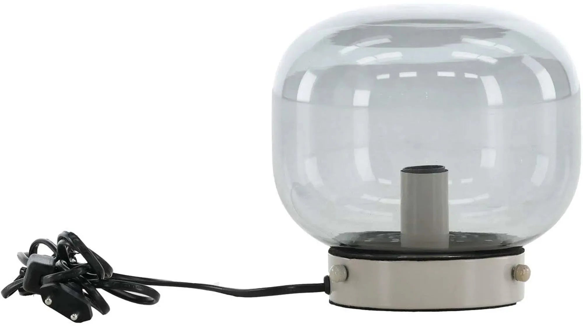Die Bolloneli Tischleuchte von Venture Home vereint modernes Design mit Eleganz: schwarzes Glas, beiger Stahlfuß, vielseitig einsetzbar.