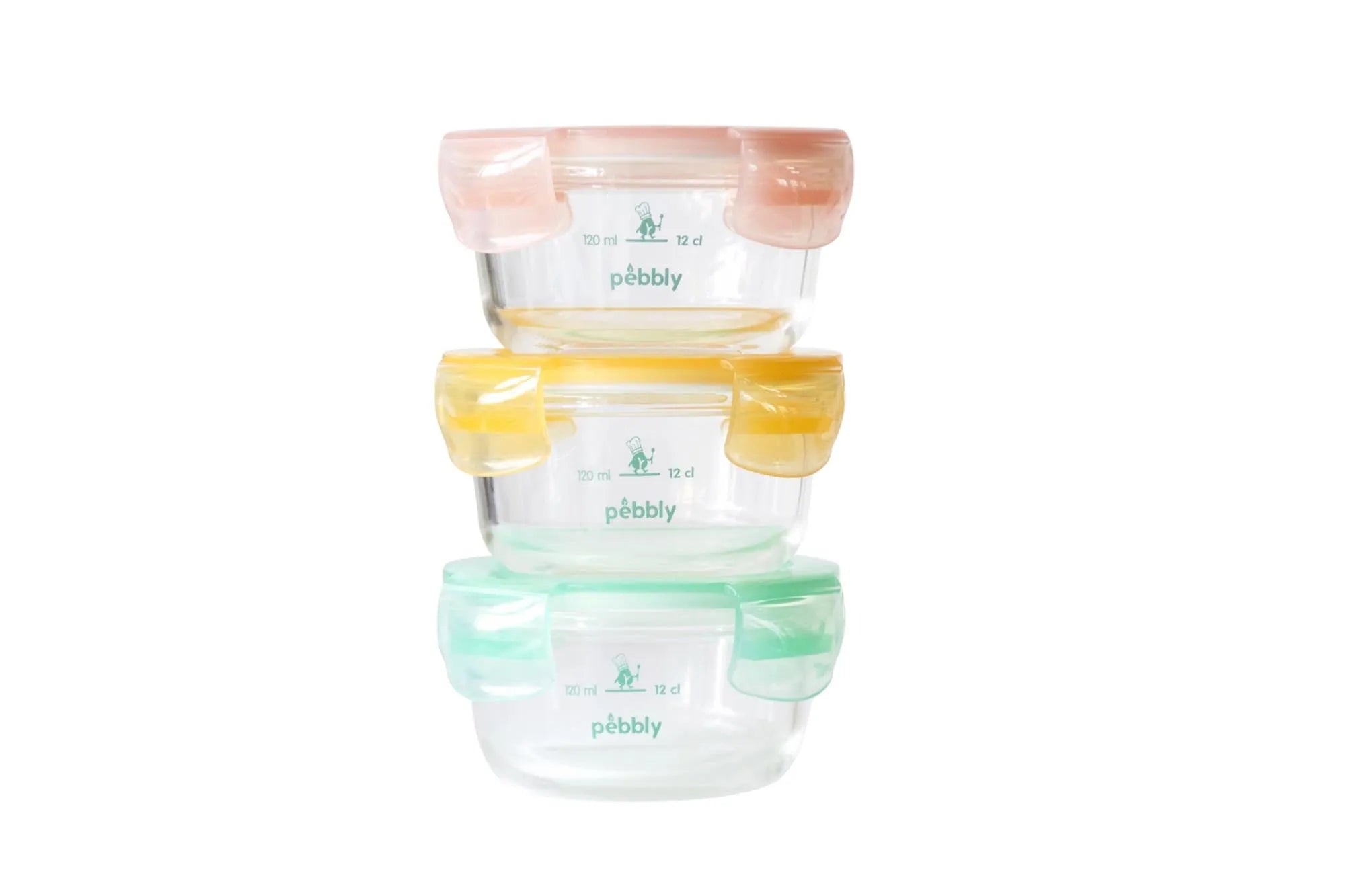Praktisches 3er Set Pebbly Vorratsdosen (240ml) aus robustem Borosilikatglas mit luftdichtem Kunststoffdeckel, ideal für Babynahrung.