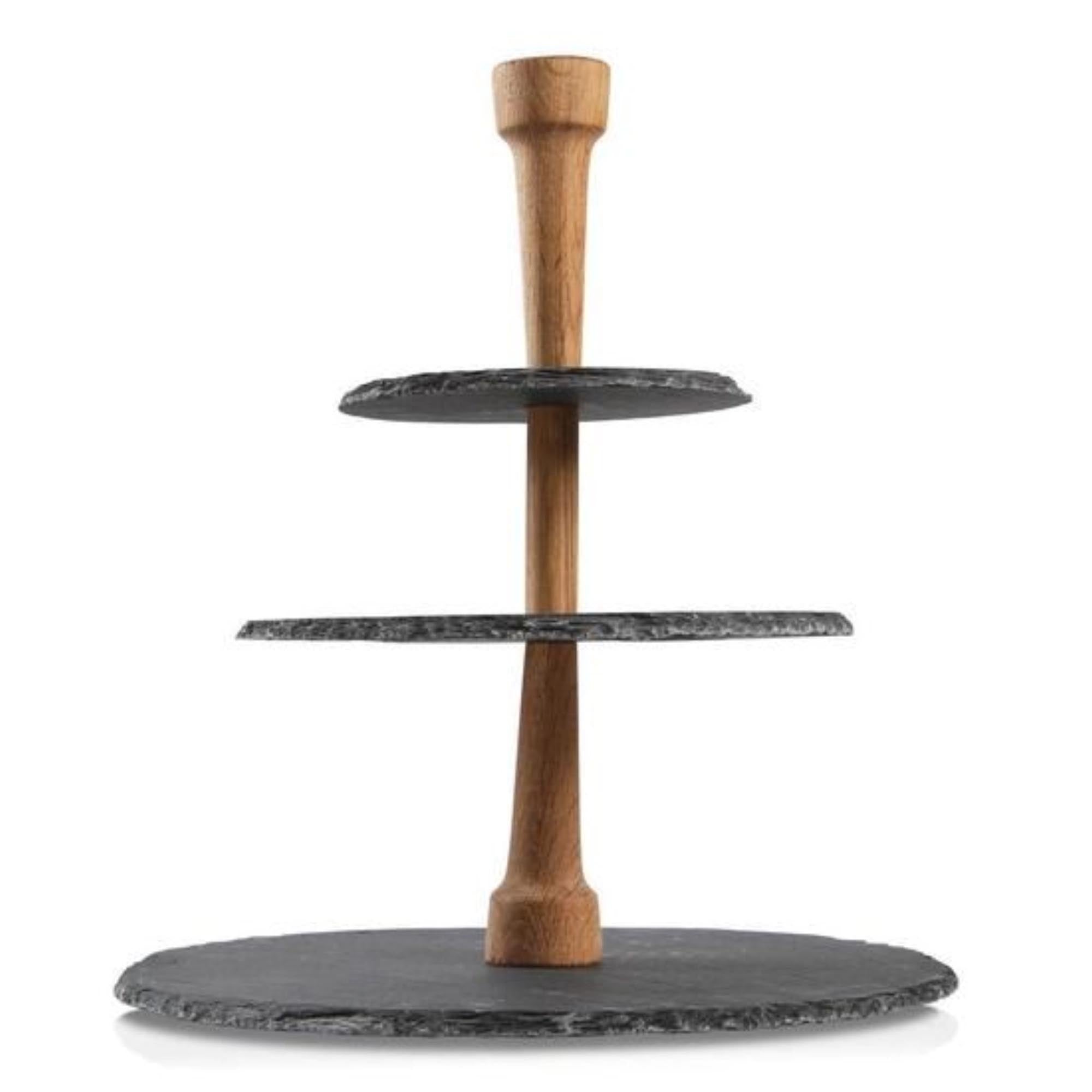 Entdecken Sie den eleganten Party Tower von Boska: stilvoller Kuchenuntersatz aus Edelstahl, Schiefer und Eiche. Ideal für jede Feier!