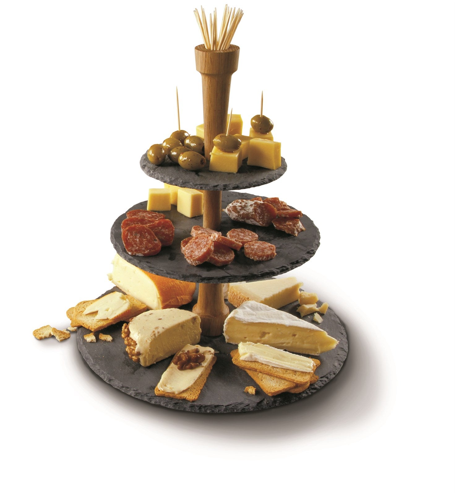 Stilvoller Party Tower aus schwarzem Edelstahl und Schiefer Eiche. Perfekt für die ansprechende Präsentation von Torten und Snacks bei jedem Anlass.