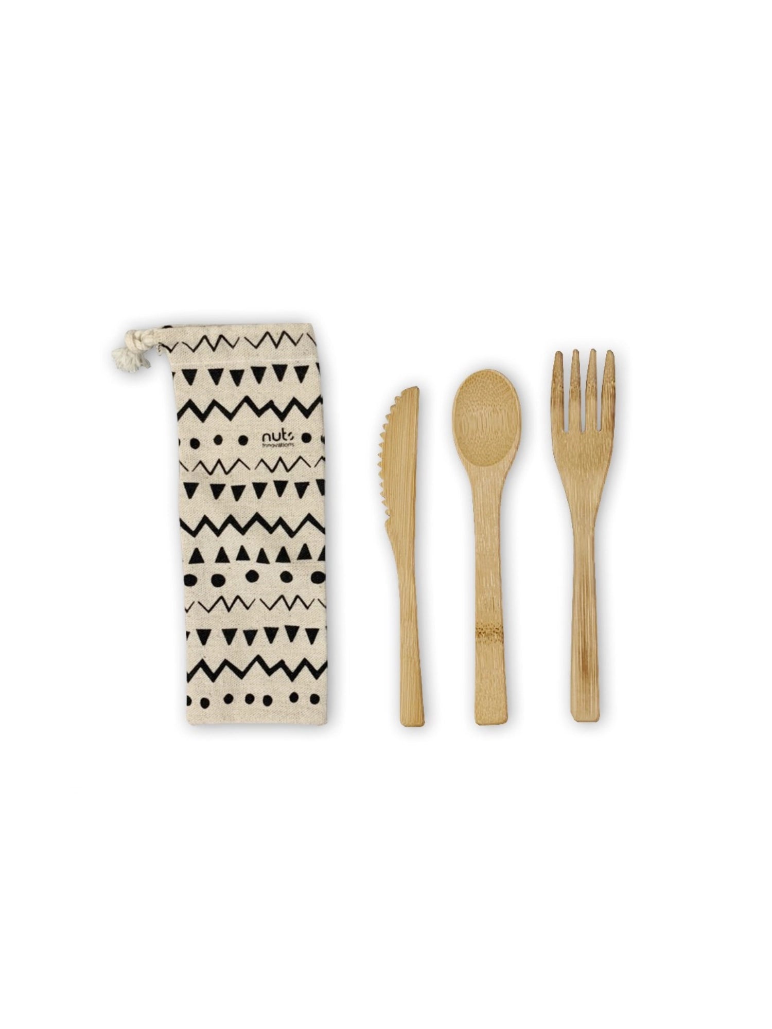 3er Set Bambus Besteckset in Leinenbeutel Ethno 16cm