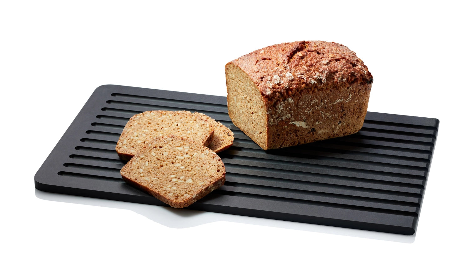 Schwarzes Duracore Brotschneidebrett mit Saftrille, 38.5x23.5 cm, perfekt für hygienisches Schneiden und das Auffangen von Krümeln.