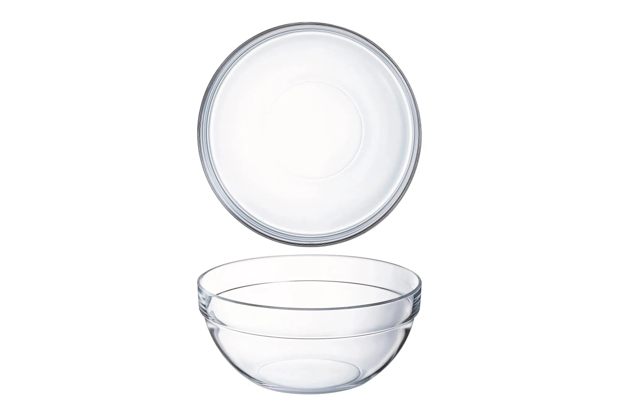 Eleganter, stapelbarer 23cm Saladier aus kratzfestem Glas, ideal für Salate und Beilagen in der Gastronomie.