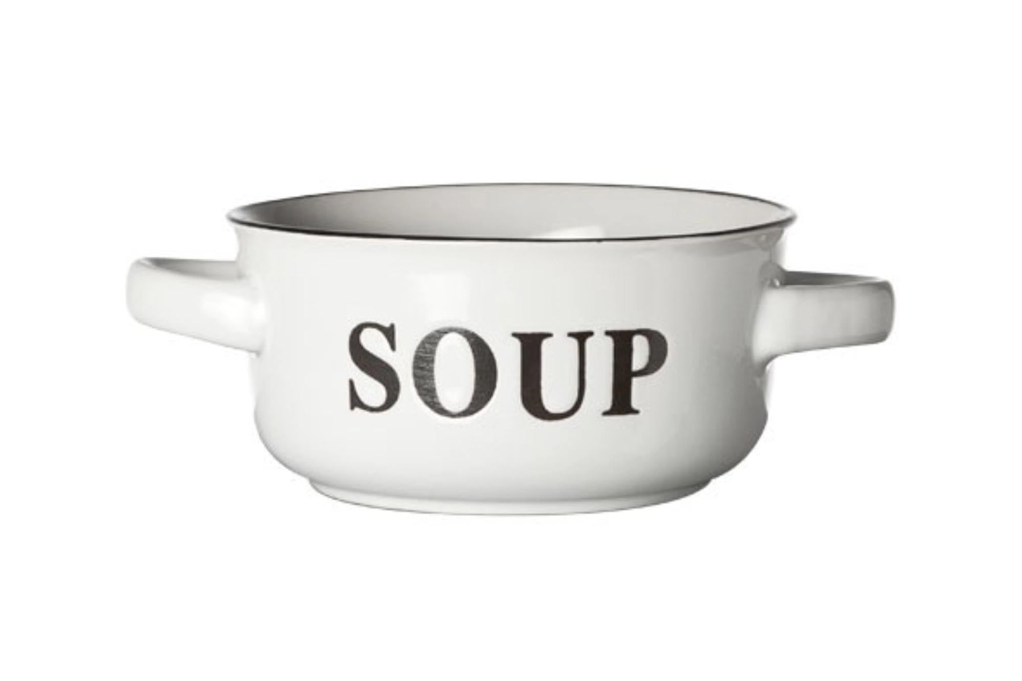 Die weiße Suppenschüssel "SOUP" von Cosy & Trendy, 47cl, 13.5x6.5 cm, aus kratzfestem Steingut, ist stilvoll, mikrowellengeeignet und spülmaschinenfest.
