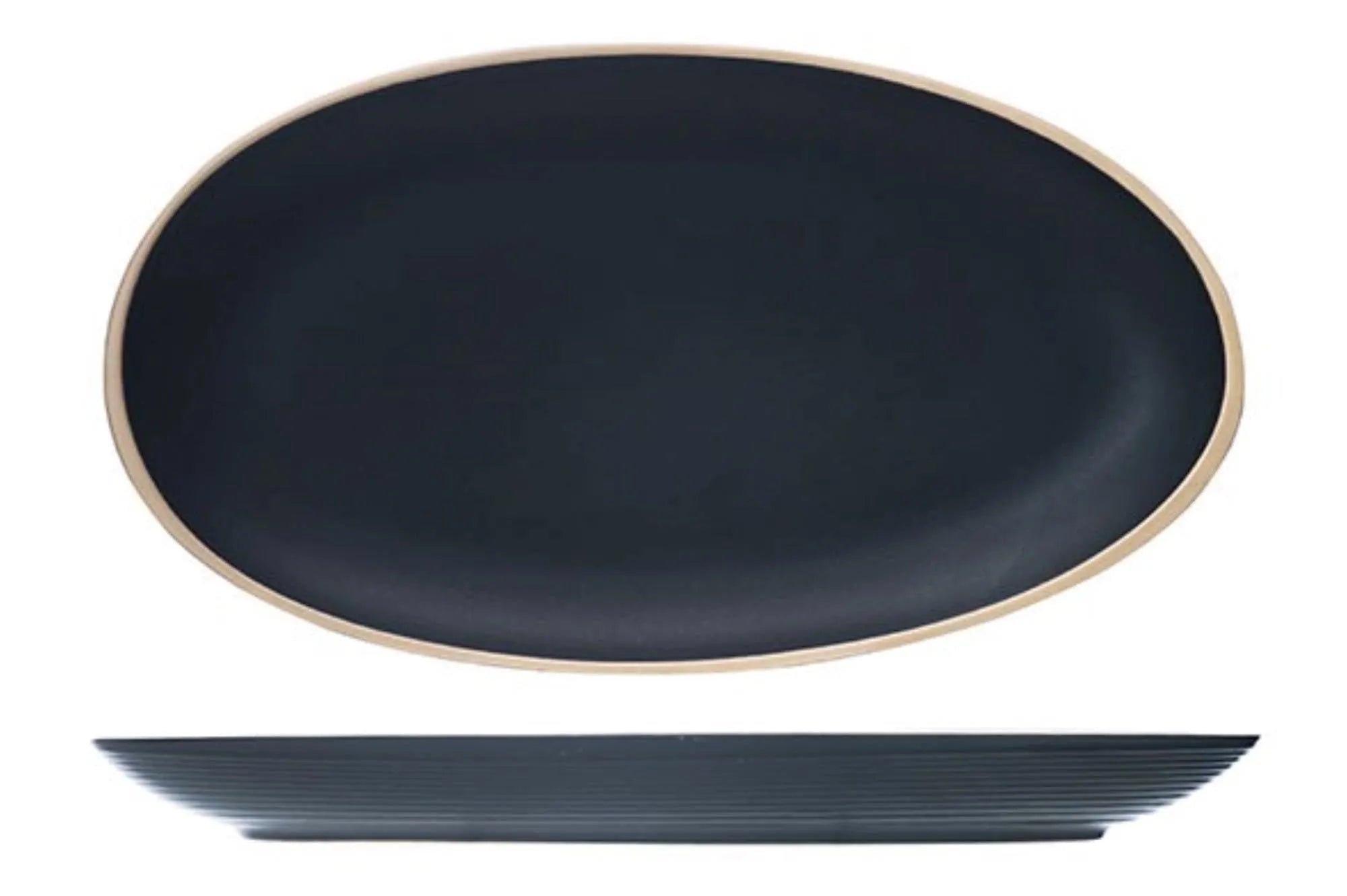 Elegante, ovale Galloway Black Platte (29.5x16 cm) aus robustem Steingut, ideal für stilvolle Speisenpräsentation. Spülmaschinen- und mikrowellengeeignet.