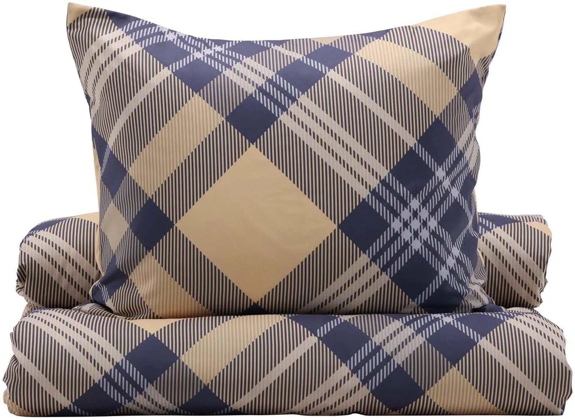 Elegante Aurora Bettgarnitur: Stilvolles Gittermuster in Blau-Beige, atmungsaktiv, pflegeleicht, langlebig. Perfekt für erholsamen Schlaf.