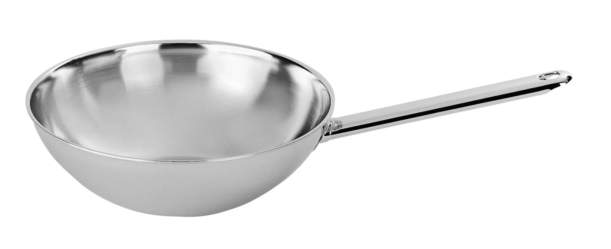 Demeyere Wok: Flacher Boden für optimale Hitzeverteilung, 18/10 Edelstahl, ofenfest, ergonomischer Griff, leicht zu reinigen.