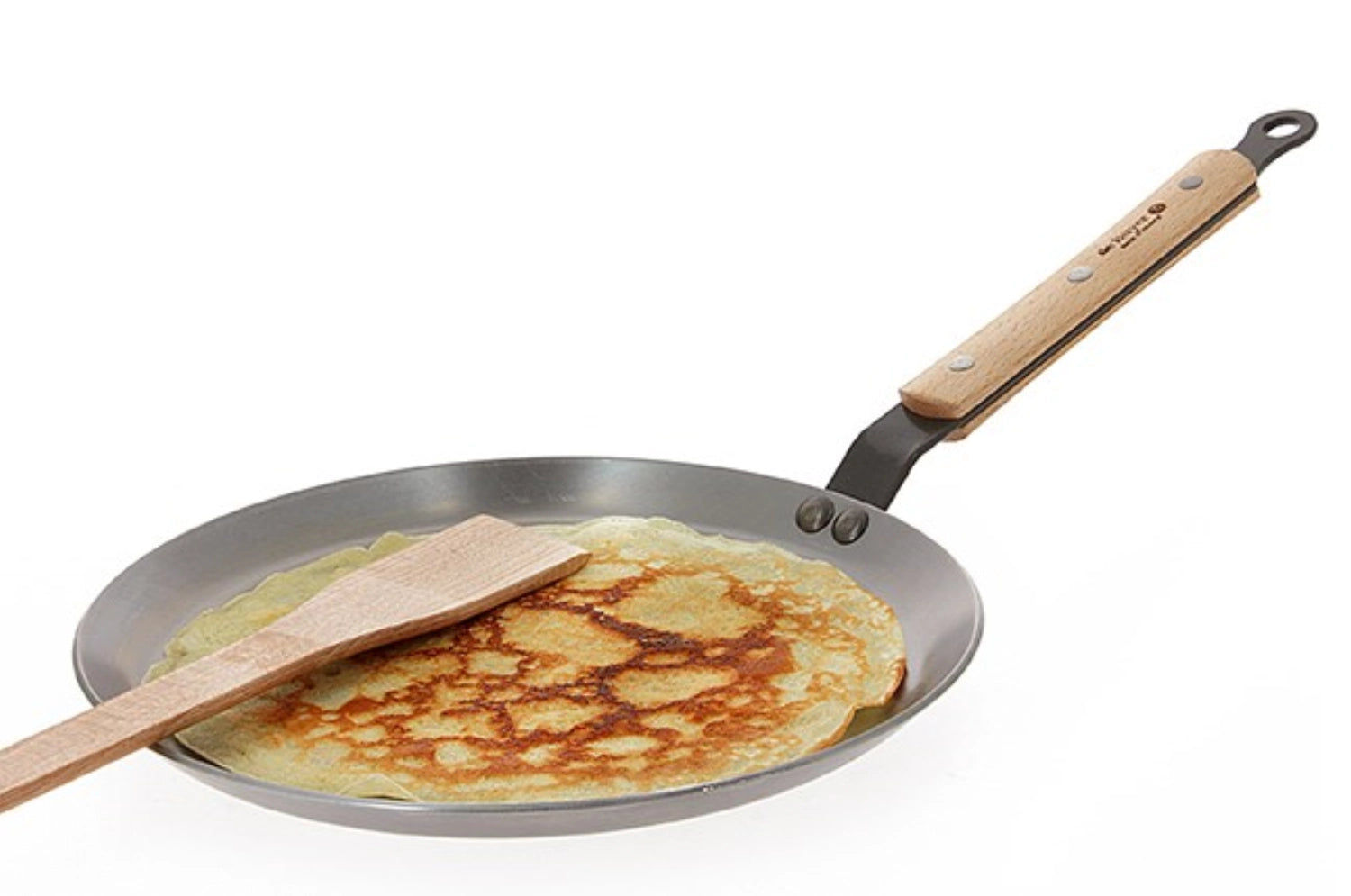 Elegante 24 cm Crêpepfanne aus Mineral B Bois, perfekt für köstliche Crêpes, mit ergonomischem Holzgriff für müheloses Wenden.