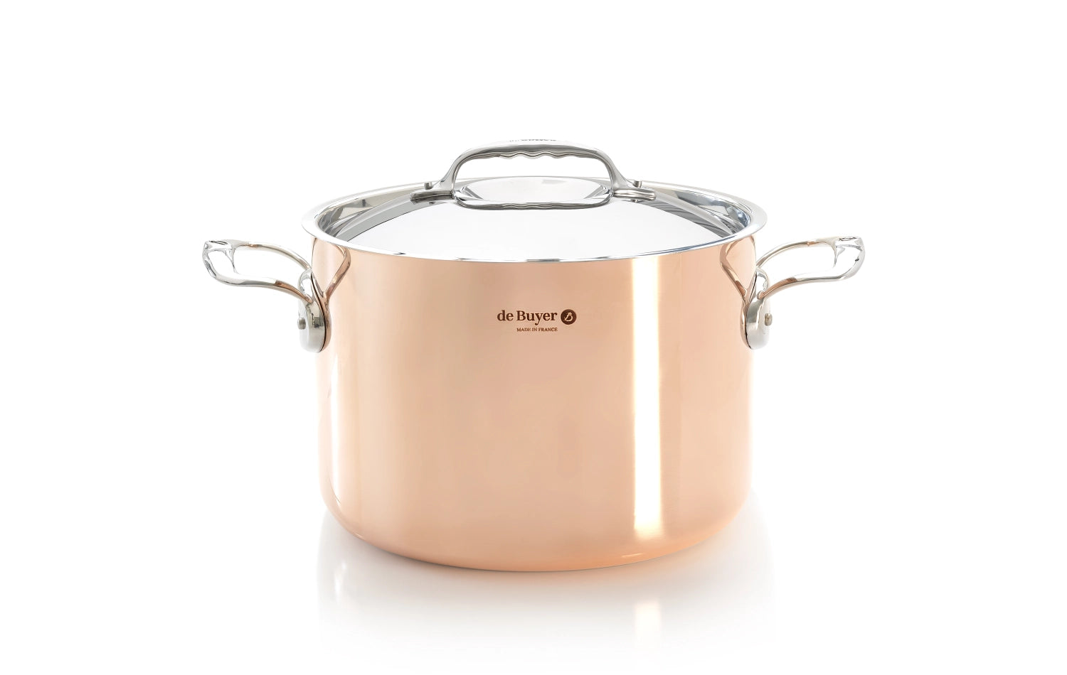 Eleganter PRIMA MATERA Kochtopf aus Kupfer und Edelstahl, Ø24cm, induktionsgeeignet, mit Deckel. Perfekt für präzises Kochen.