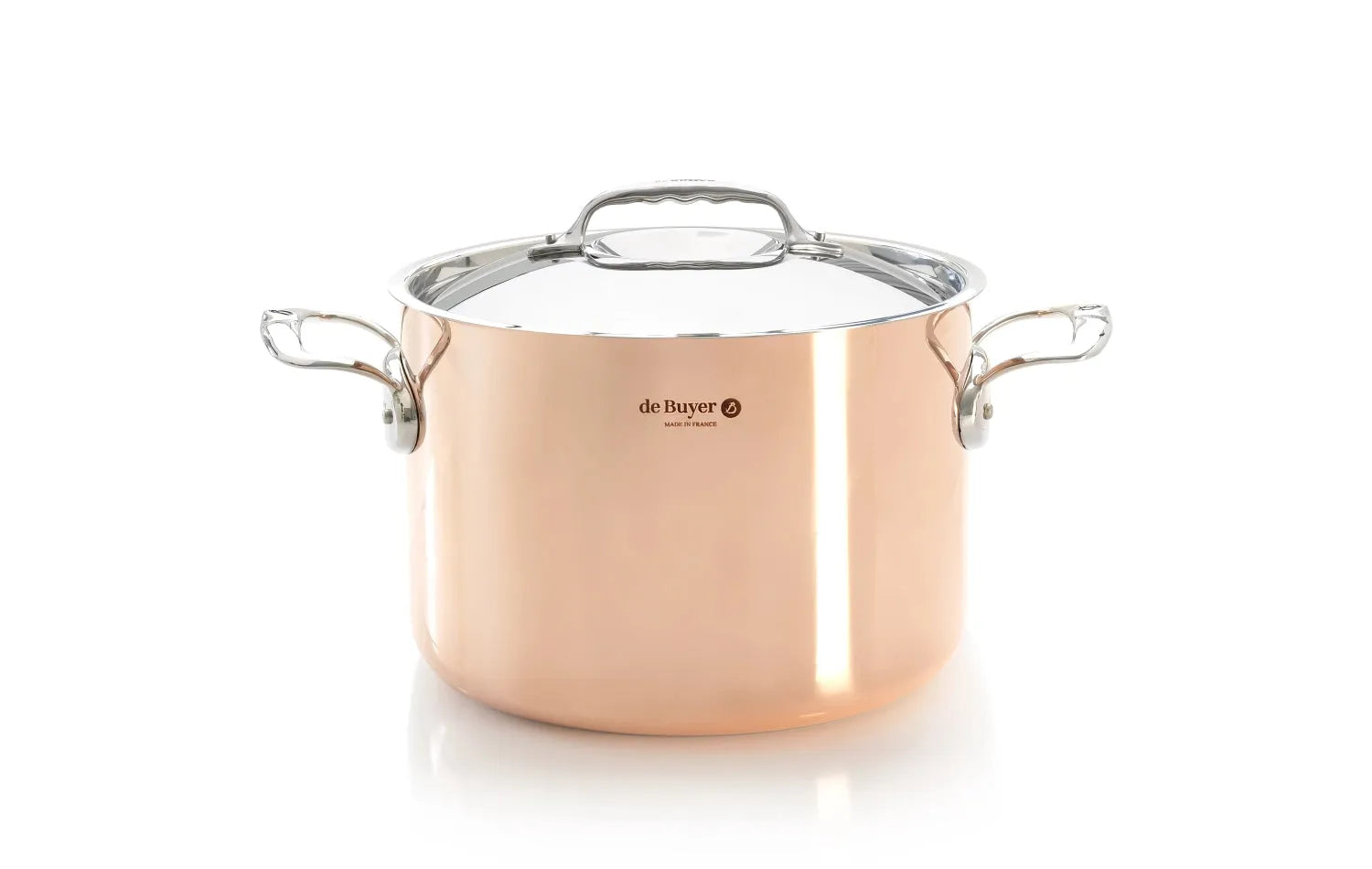Eleganter PRIMA MATERA Kochtopf aus Kupfer und Edelstahl, Ø24cm, induktionsgeeignet, mit Deckel. Perfekt für präzises Kochen.