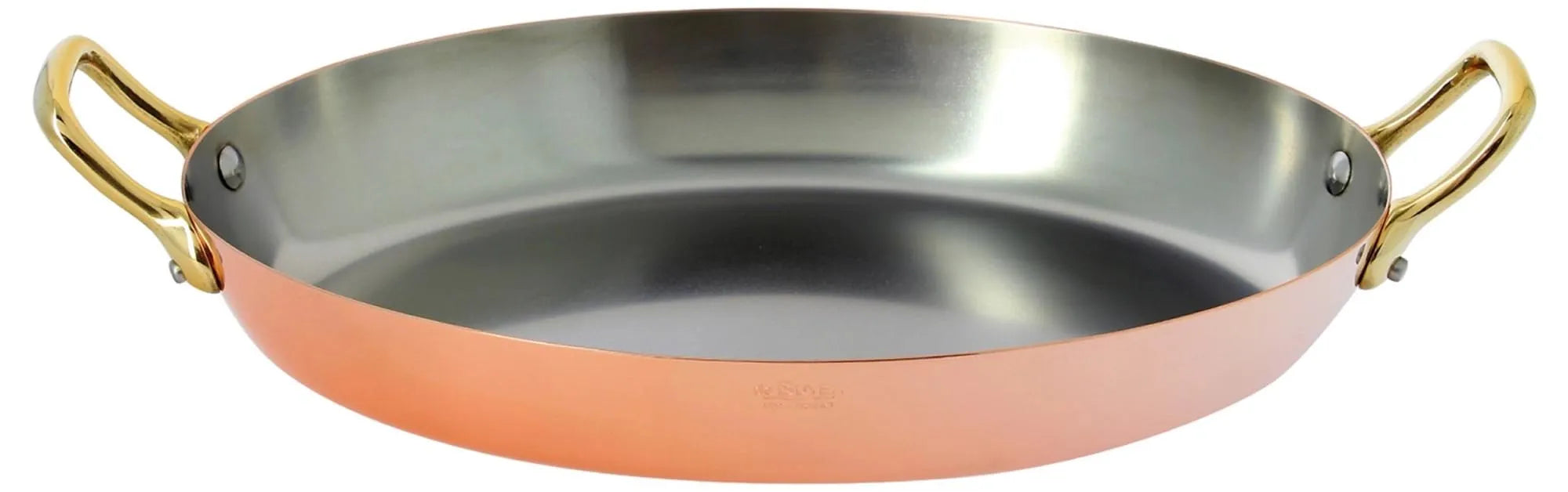 Elegante Kupfer-Edelstahl Bratpfanne, 32cm oval, exzellente Wärmeleitung, ideal für Fisch & Fleisch, pflegeleicht, Induktion geeignet.