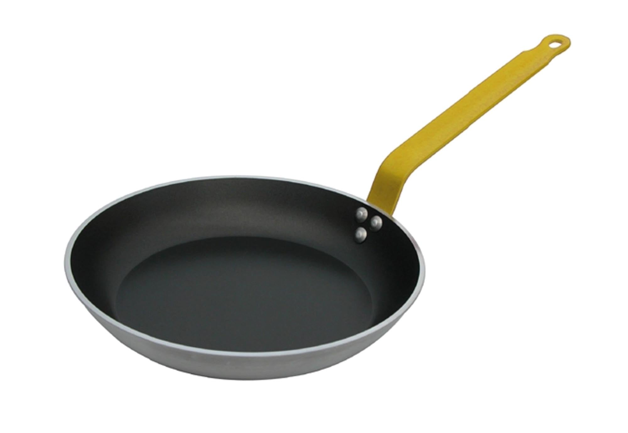 Antihaft-Bratpfanne Ø 28cm, gelber Griff, Aluminium, gleichmässige Hitze, fettarmes Kochen, langlebig, vielseitig.