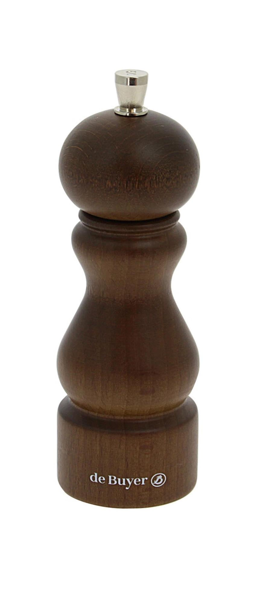 Elegante Salzmühle Rumba 18cm von de Buyer: Edelstahl & Holz, langlebig, präziser Mahlmechanismus, stilvolles Küchenaccessoire.