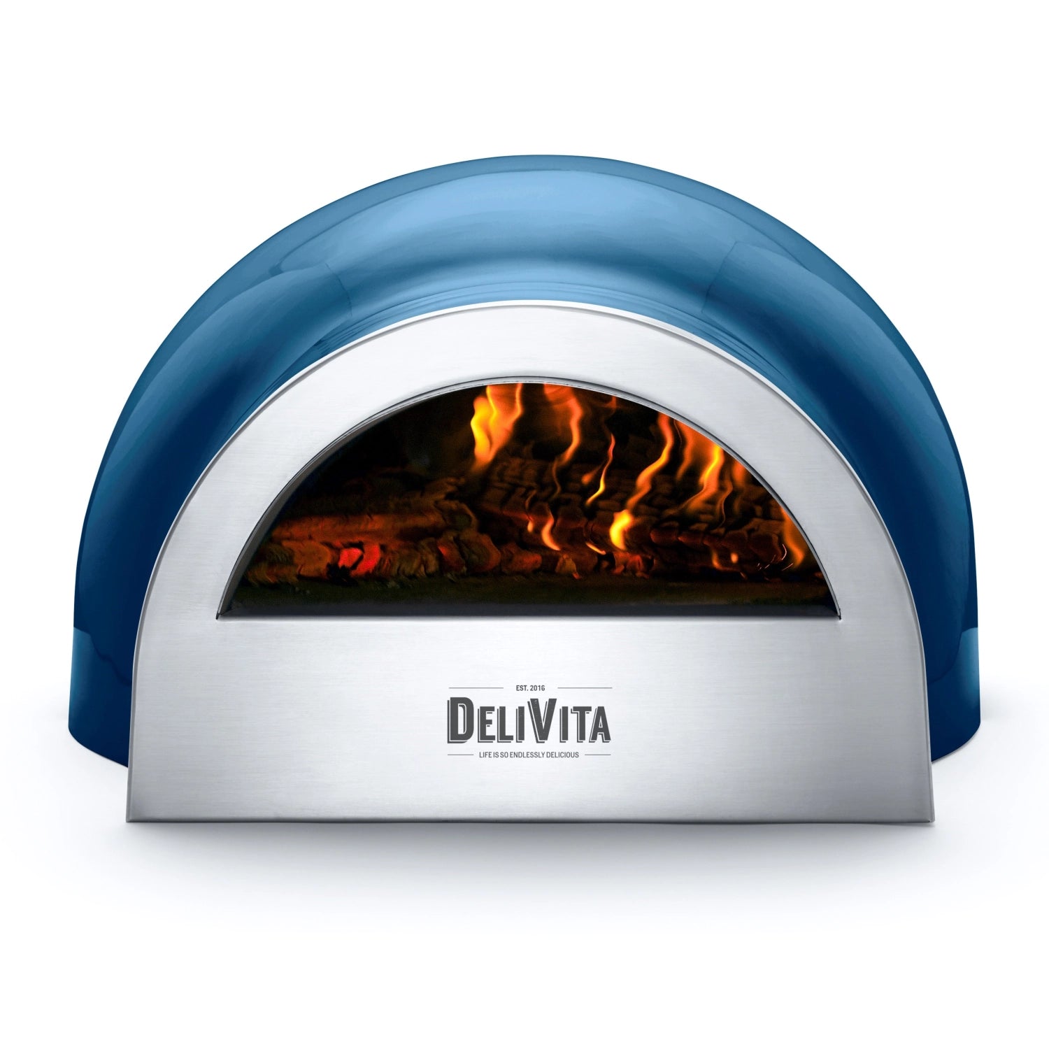 Eleganter blauer Pizzaofen von Delivita, perfekt für Outdoor-Pizza-Genuss, vereint modernes Design mit hervorragender Backleistung.