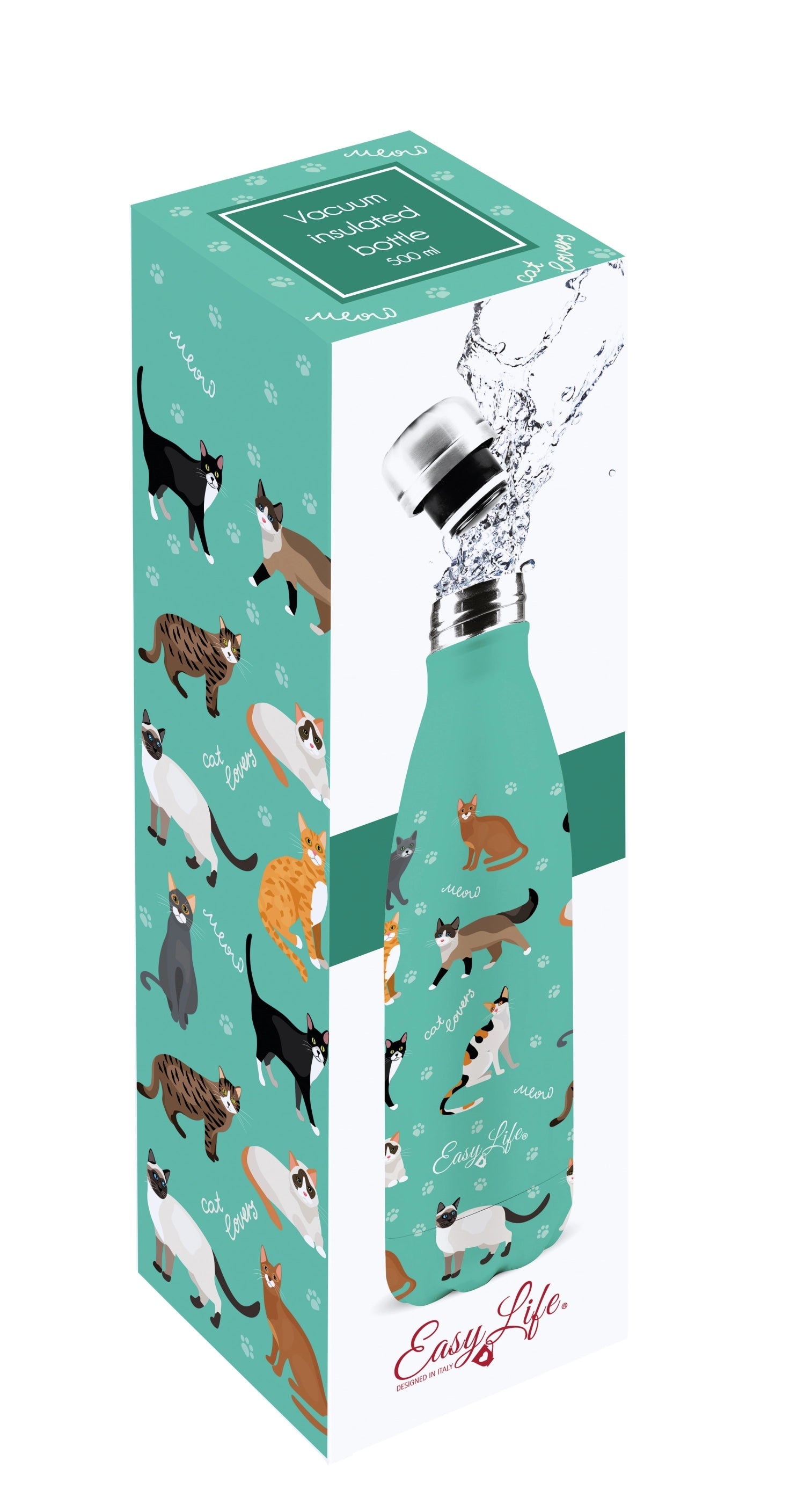 Doppelwandige Isolierflasche 500ml mit Katzenmotiv von Easy Life, hält Getränke warm oder kalt, stilvoll und praktisch.