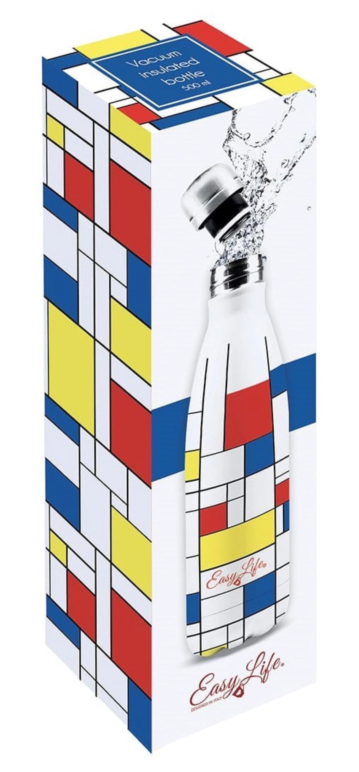 Doppelwandige Isolierflasche 500ml mit Mondrian-Design von Easy Life, hält Getränke warm oder kalt, stilvoll und praktisch.