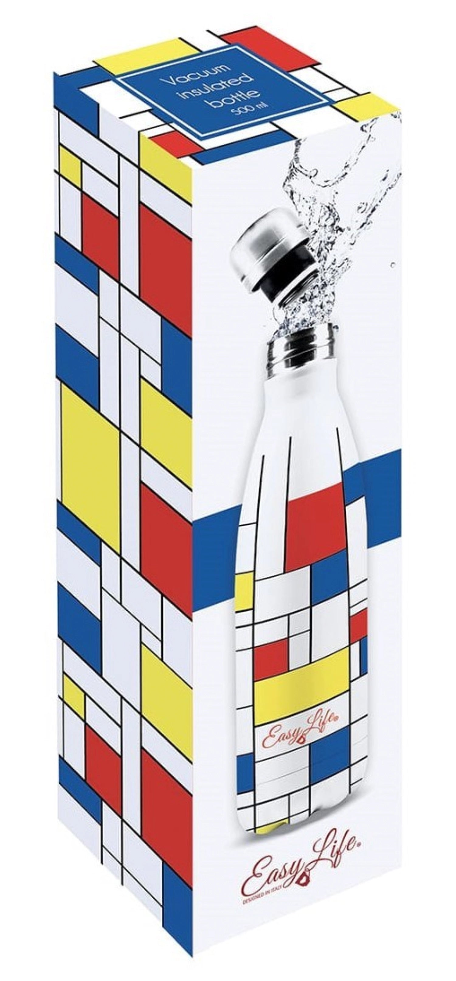 Stylische 500ml Isolierflasche im Mondrian-Design von Easy Life, ideal für heiße und kalte Getränke, mit effektiver doppelter Wandisolierung.