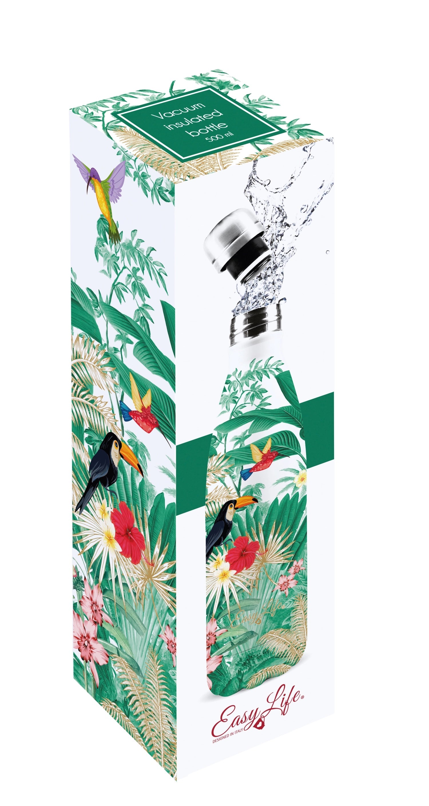 Doppelwandige Isolierflasche 500ml mit exotischem Himmel-Design von Easy Life, ideal für heiße und kalte Getränke.
