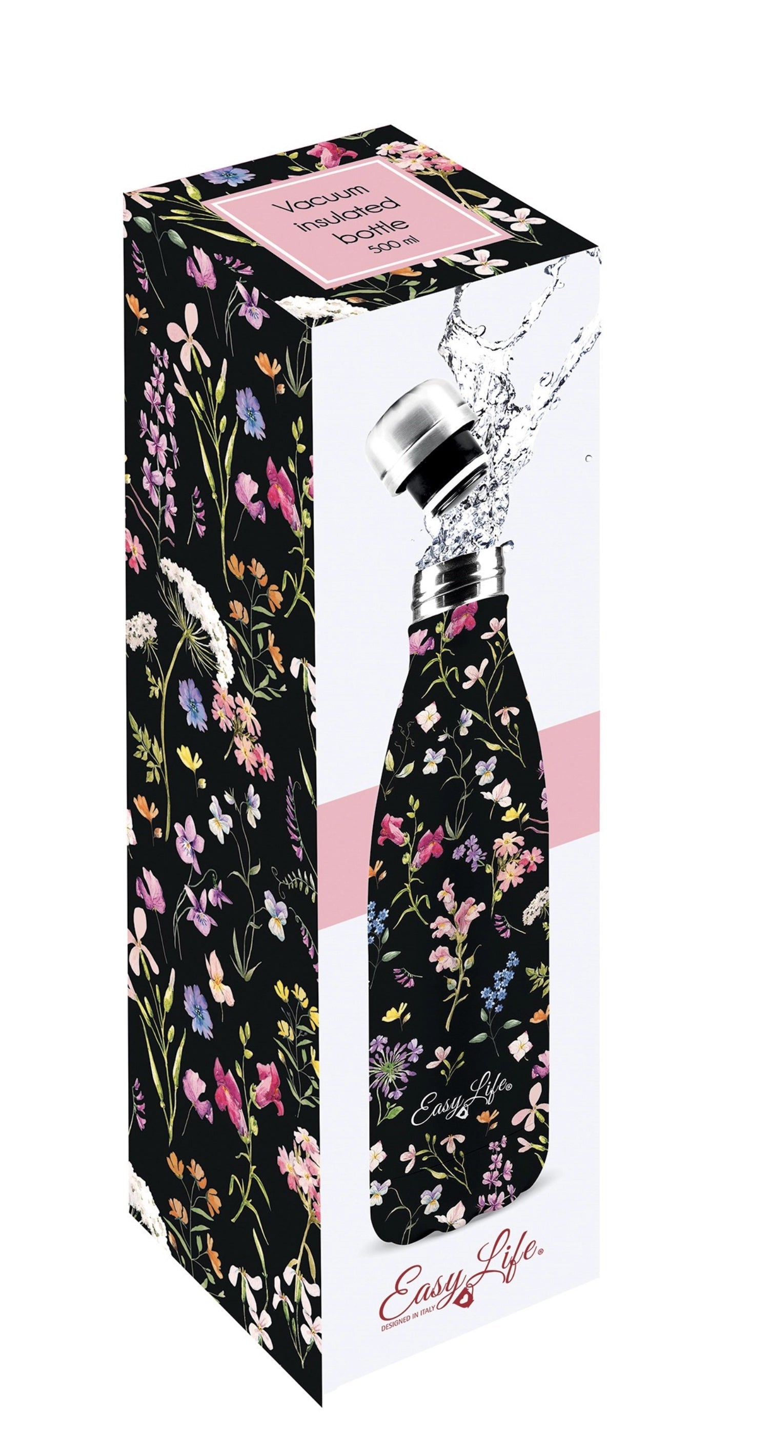 Doppelwandige Isolierflasche 500ml mit Meadow Flowers Design von Easy Life, hält Getränke warm oder kalt, stilvoll und praktisch.