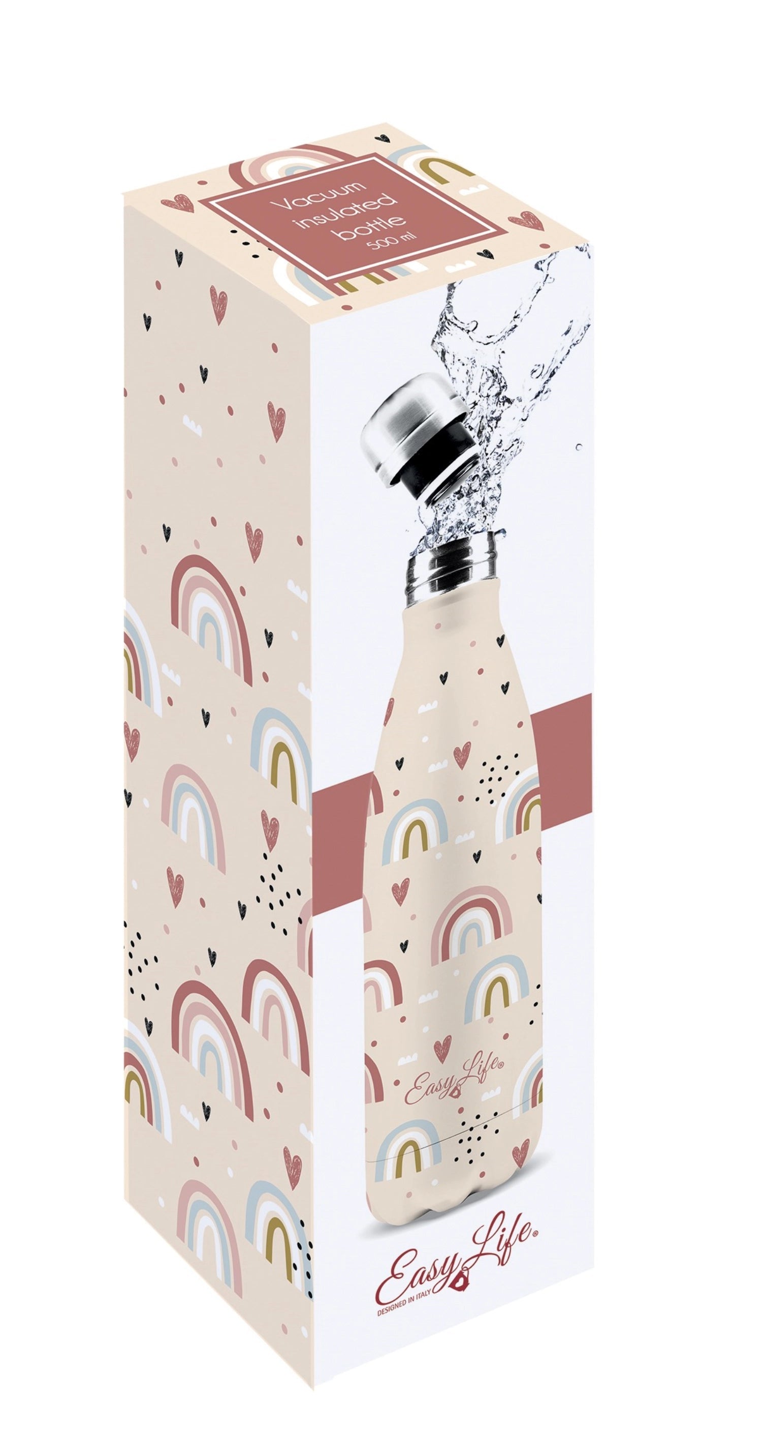 Doppelwandige Isolierflasche 500ml von Easy Life, Rainbow-Design, hält Getränke warm oder kalt, stilvoll und praktisch.