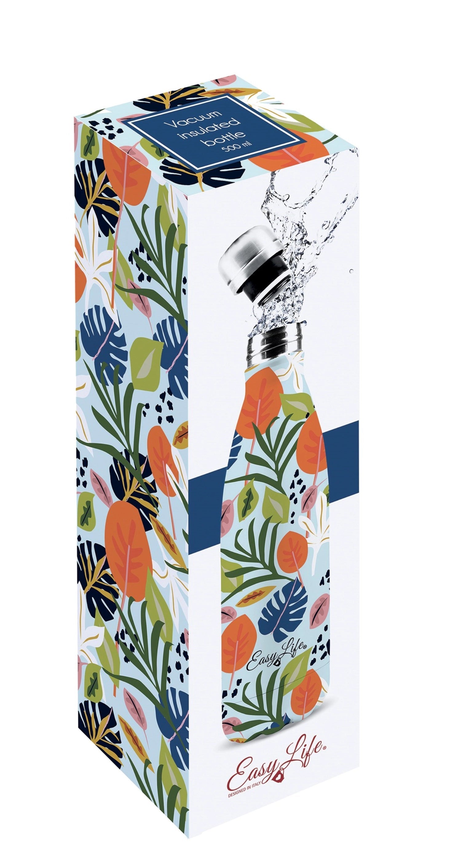 Stylische doppelwandige Isolierflasche 500ml mit tropischem Design, hält Getränke warm oder kalt, ideal für unterwegs.