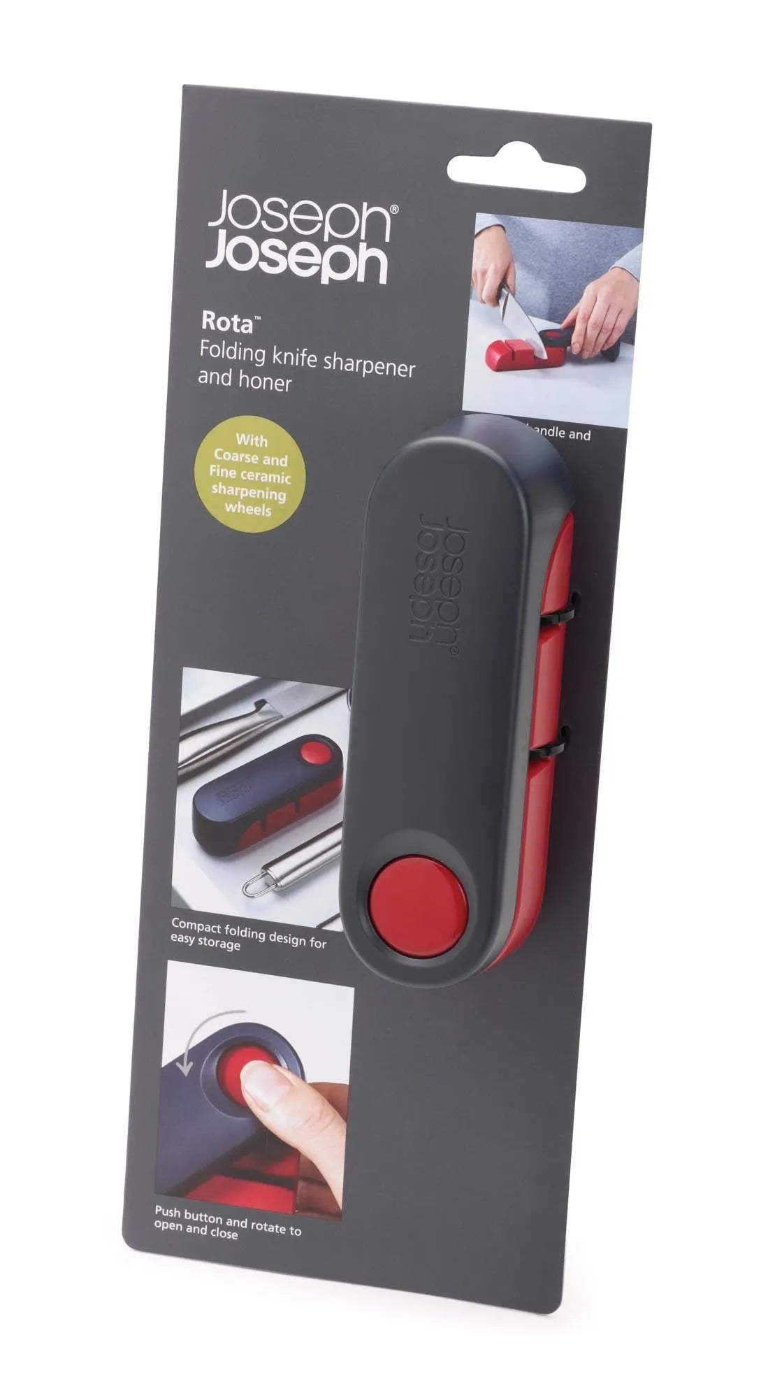 Rota Messerschärfer: Präzise Schärfe in stilvollem Rot-Grau Design.