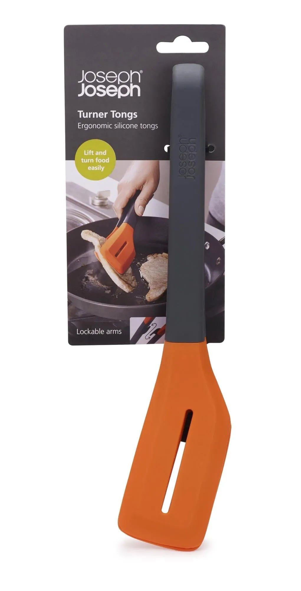 Die Joseph Joseph Wender Zange, grau-orange, 30x6.5x2.8 cm, ist hitzebeständig, ergonomisch und spülmaschinenfest – ideal für beschichtete Pfannen.