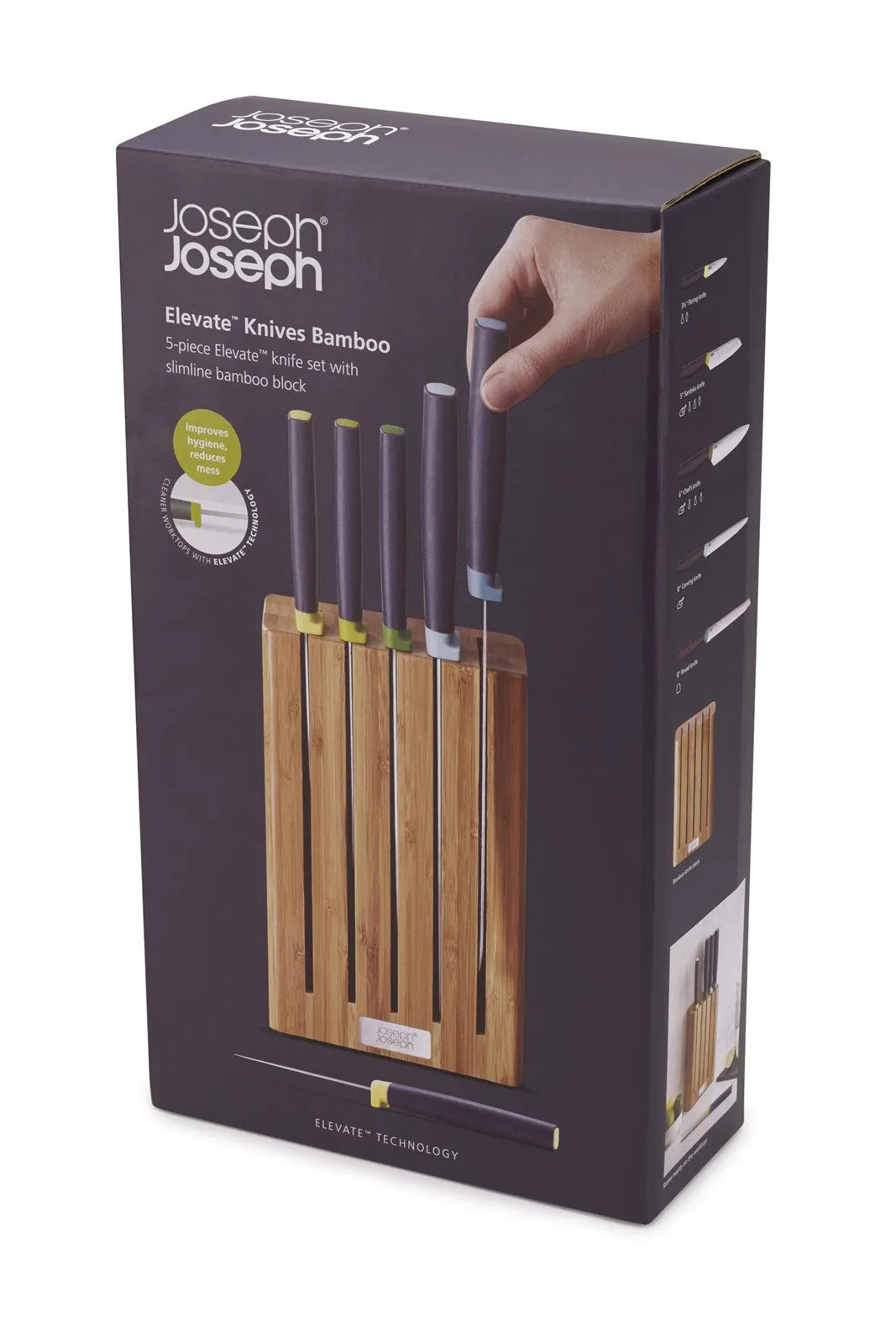 Praktischer Joseph Joseph Messerblock, 5-teilig, aus Bambus.