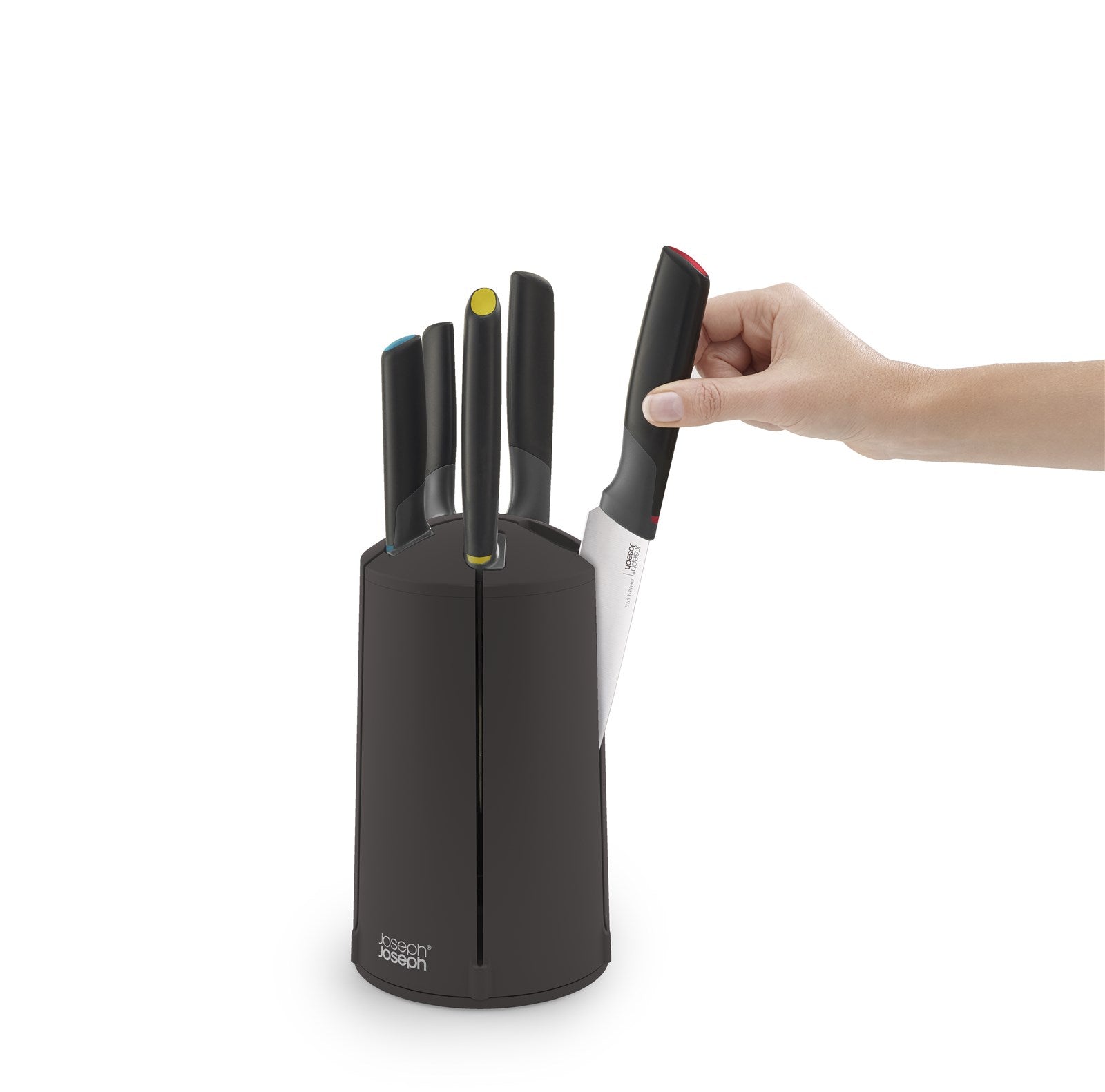 Entdecken Sie das 5-tlg. Elevate Messer Karussell von Joseph Joseph: Hochwertige Edelstahlmesser mit ergonomischen Griffen für perfekte Schneidkontrolle und eleganten Stauraum.