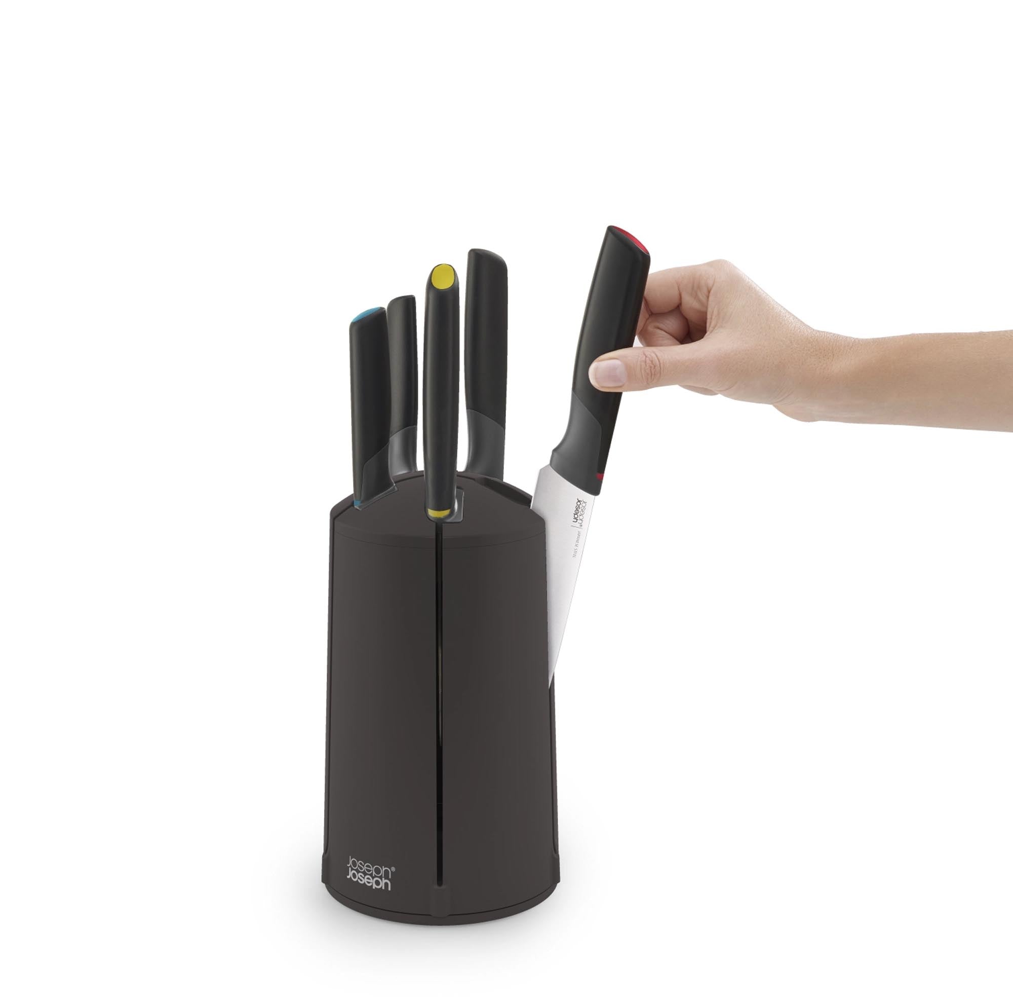 Entdecken Sie das 5-tlg. Elevate Messer Karussell von Joseph Joseph: Hochwertige Edelstahlmesser, ergonomisches Design und platzsparende Aufbewahrung für Ihre Küche.