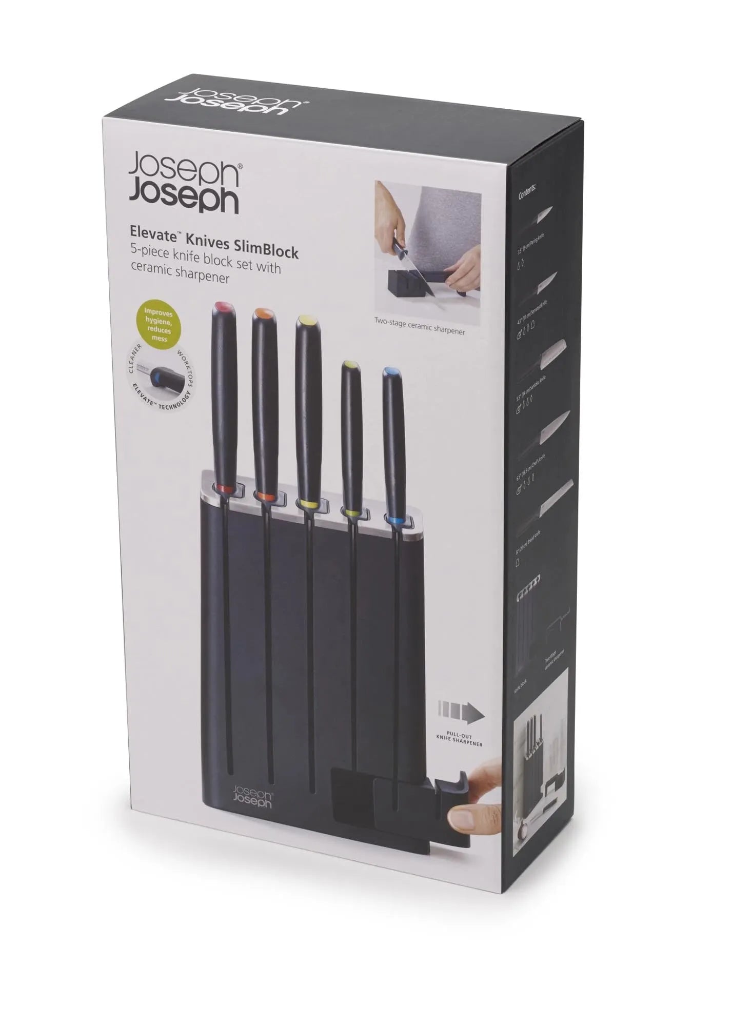 Elegantes 5-teiliges Messerset mit innovativem Schärfsystem.