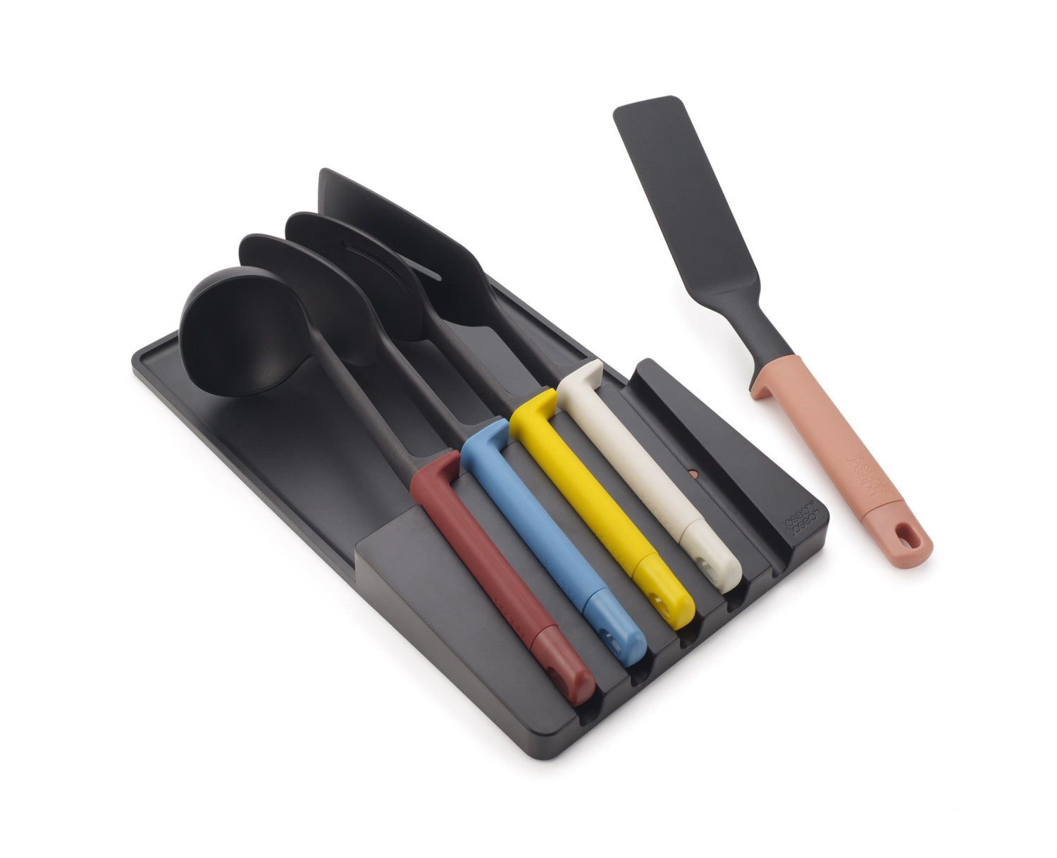 Praktisches 5-teiliges Kochutensilien-Set von Joseph Joseph, perfekt für die platzsparende Aufbewahrung in Schubladen und stilvolle Küchenorganisation.