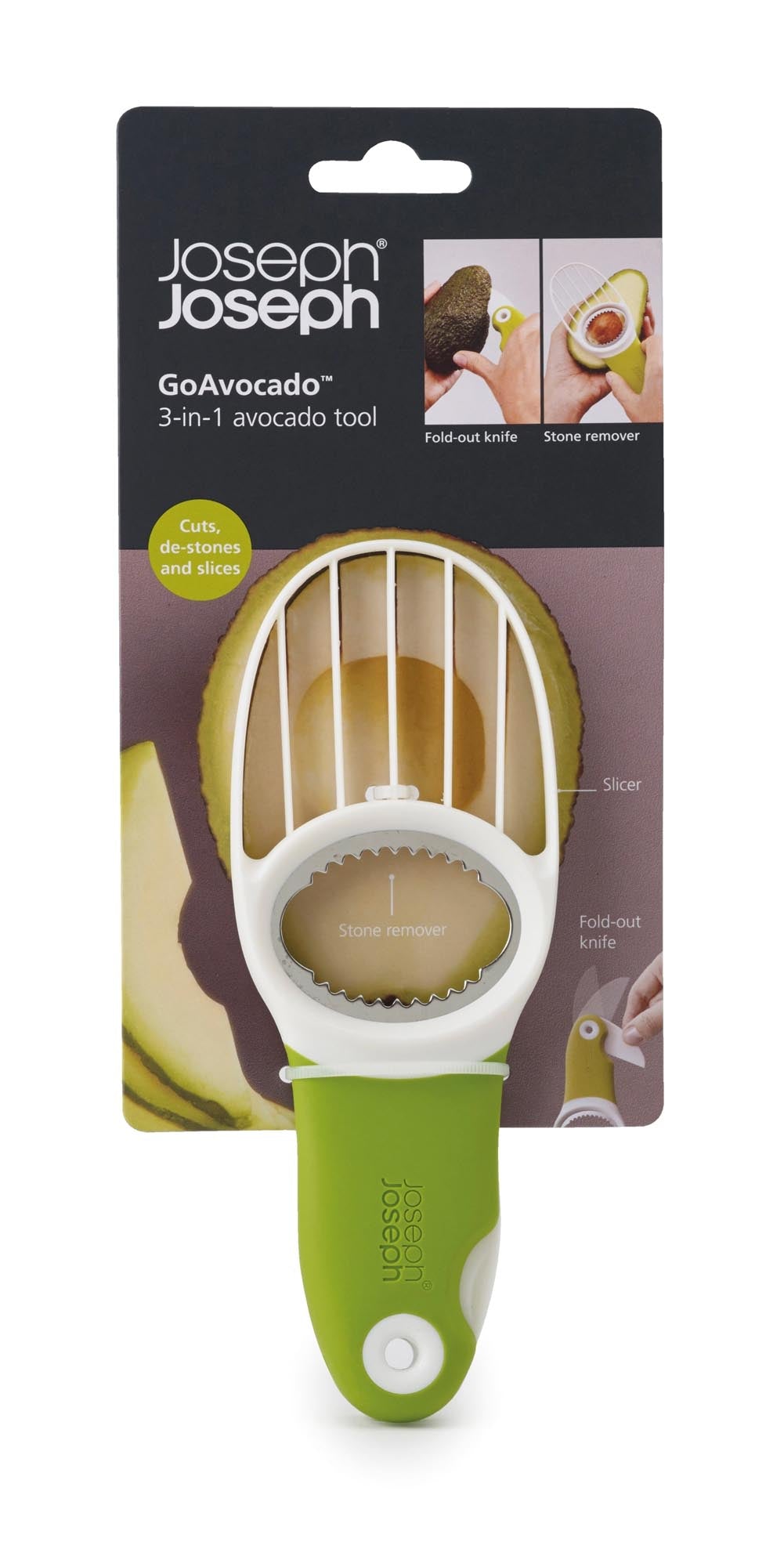 Der GoAvocado 3-in-1 Schneider von Joseph Joseph ist der ideale Küchenhelfer für Avocado-Liebhaber. Er schneidet, entkernt und schält mühelos.