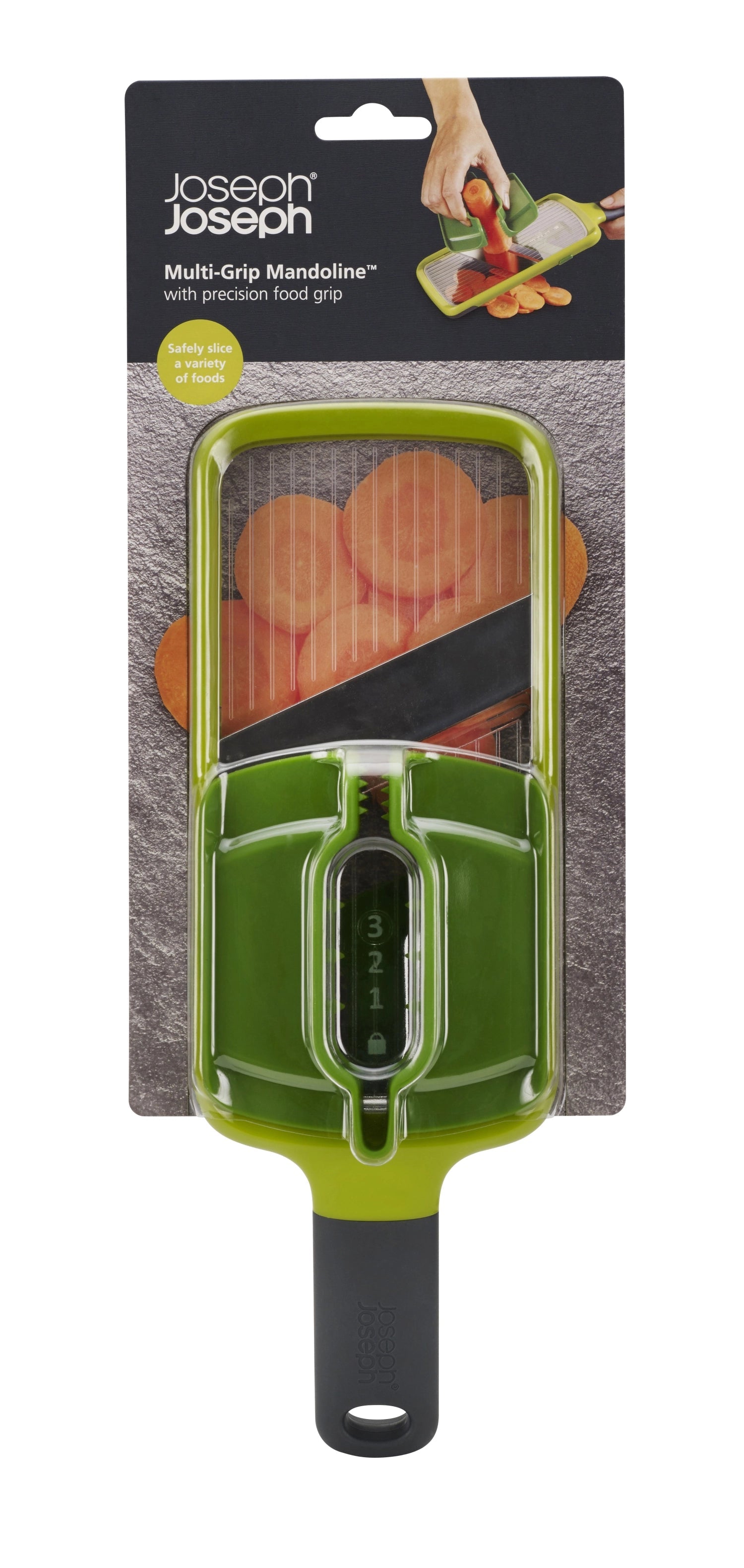 Mandoline mit sicherem Multi-Grip, präzisem Schneidemechanismus und modernem Design in Grün von Joseph Joseph.