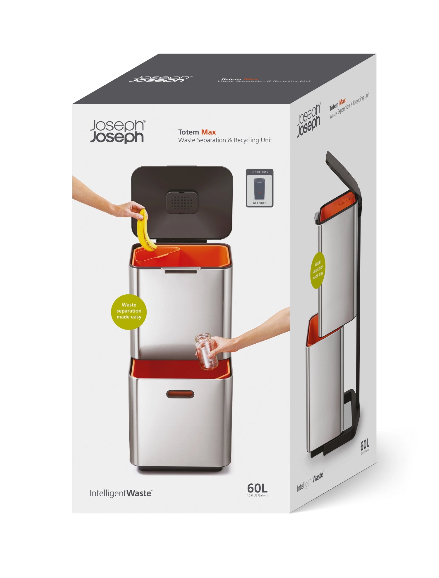 Moderner Joseph Joseph Totem Max 60L Mülleimer in Graphit, ideal für umweltbewusste Mülltrennung dank praktischer Fächer.