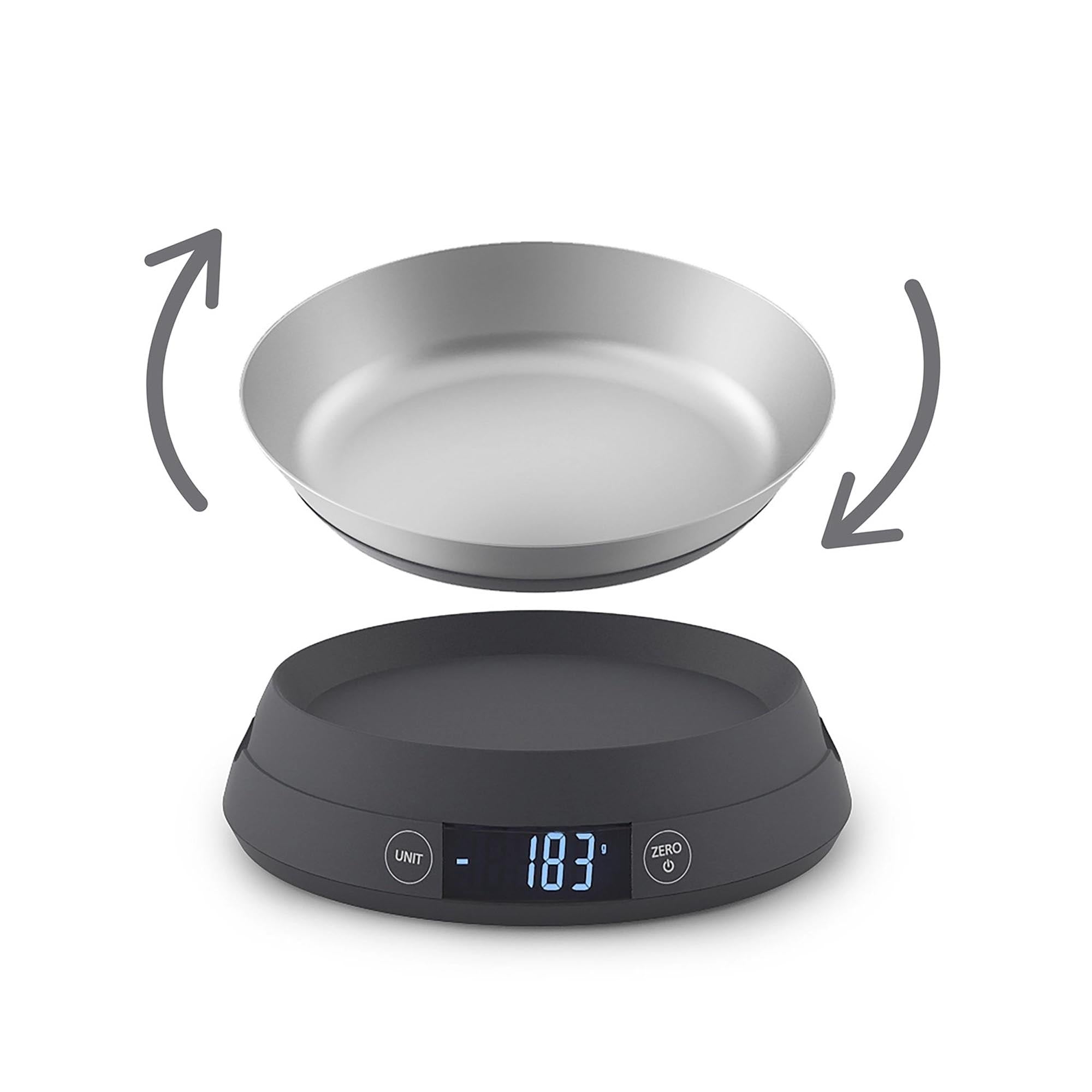 Entdecken Sie die vielseitige Switch 2-in-1 Waage von Joseph Joseph in elegantem Grau – ideal für präzises Abwiegen und platzsparend.